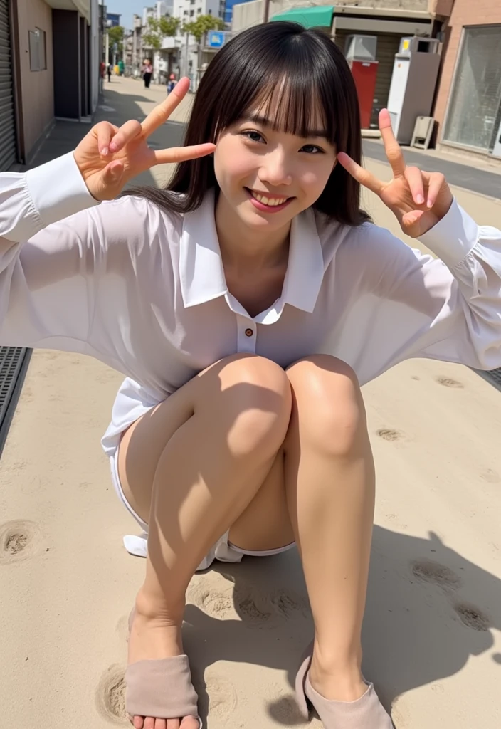 a korean woman panty look, whose height is 10000000 kilometers, at the nano-sized miniature endless city of micro-sized endless continent world, she kneel down on top of a lot of nano-sized buildings which are much smaller than her, she feel happy and enjoy