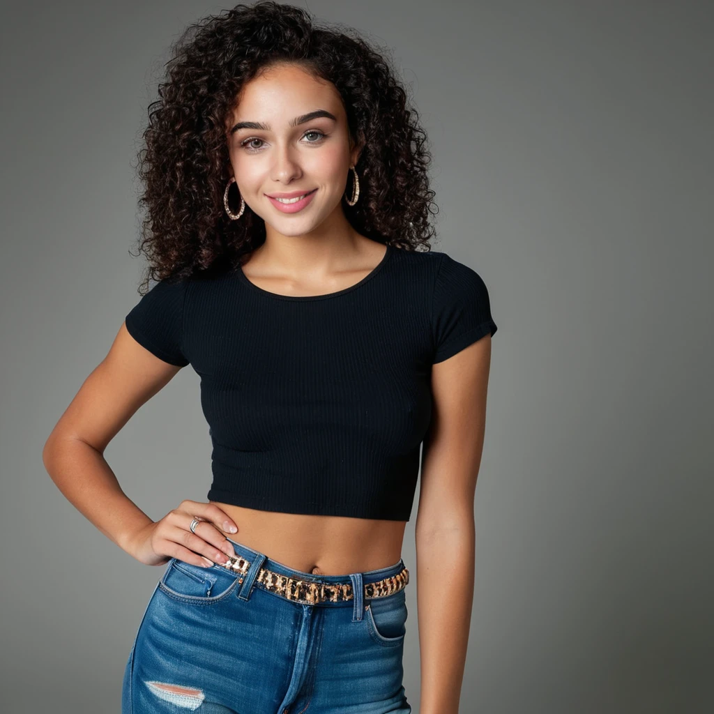 Mulatto woman wearing dark blue t-shirt, with black hair, green eyes, trendy pose, hip hop style, realistic image, white background, no background, full body image