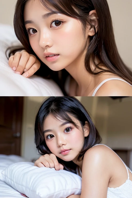 (Highest quality, 8k, 32K), masterpiece,(Ultra-high resolution,Realistic:1.4,RAWphotograph), (Very detailed,Caustics),セクシーなphotograph,One girl, Big Breasts, Big Breasts, Cute Korean, K-POPアイドル, Japanese, Black Hair, bangs, Long Hair (Long Hair: 1.4), Beautiful eyes in every detail, Long eyelashes, Narrow eyes, Elongated eye shape, Beautiful fingers, Beautiful Hands, fingertip, nail, Put your arms behind your back, ((Euphoric look:1.3))、Wearing a white bandeau bikini, Wear laces, Big Breastsの, (whole body:1.3), whole body shot, Beautiful Lips, ((Euphoric look))、((orgasm:1.2))、Open your mouth, Beautiful and detailed nose, Very detailed肌 , Cute Face, Beautiful and detailed, Beautiful and detailed nose, Very detailed肌, A sophisticated gravure idol, Sleep side by side in a big bed, Lie on your back in bed, Lying in bed, I&#39;Hoshinoya Hotel, I&#39;Modern m, Stylish hotel., Lie on your back in bed, Looking into the camera, Supermodel, Beautiful Face, Detailed body, Perfect Eyes, HDR for the perfect face, Photorealistic, photograph, Highest quality, Bokeh, Browsing Caution,