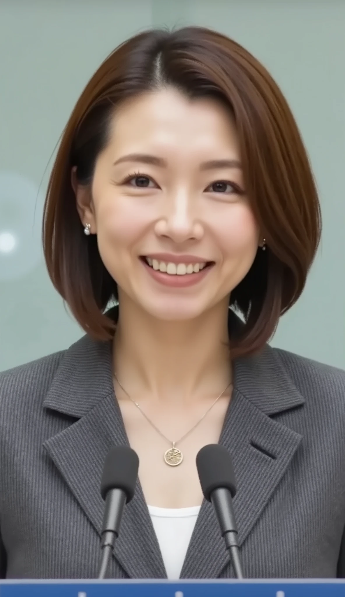 nsfw、From front、Japanese in a グレーcollarless suit、カメラ目線、25-year-old female minister、A-line bob(angled bob・inverted bob)耳にピアス、ネックレス、、during regular press conference、(bust up shot:1.5)、、歯を見せた笑顔