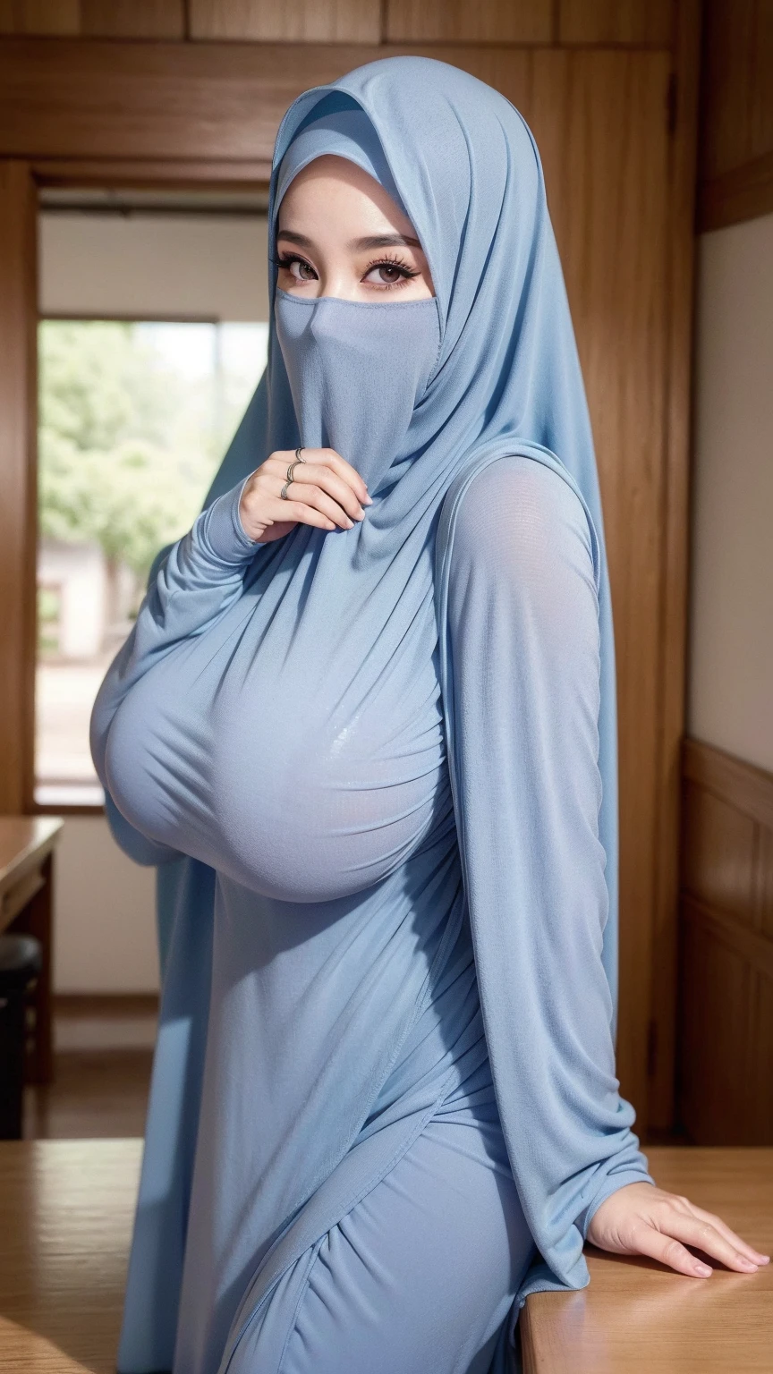 a beautiful young woman hijab, (((super big breast))), (very big breast covered), (Big breast), bare breast, perfect face, (((very huge big breast,))), ((( Big Breast))), wearing sleeveless long dress muslim, (((covering mouth, long veil))), Slim Face、25 years old, stil young, Pretty Lady, fit body, curvy shaped body, enormous hips, big ass, pregnant, armpit showing, holding her breast, cameltoe, fat vagina, smile eyes, big ass, standing, bedroom, (big breast covered), front view