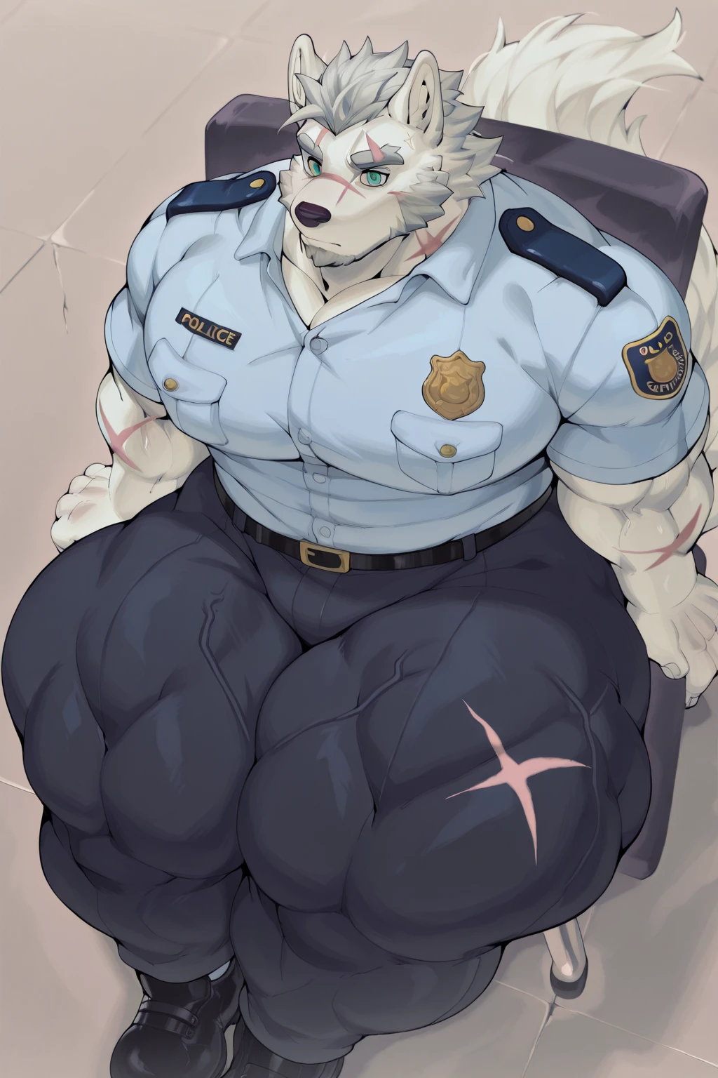 By bebebebebe, solo, male, old, mature male, grey hair, fullbody view, looking at viewer, beard, wolf, scars on face, sharp teeth, muscular, overweight, musclegut, chubby, night, dark, dramatic lighting, alleyway, sweaty, steamy, police uniform, detailed ,  outline, detailed bulge,  outline, big bulge, cop, police, uniform, blue uniform, gold badge