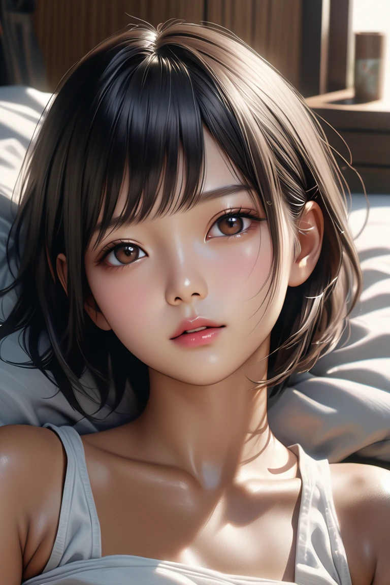 (Top quality masterpiece:1.2) Delicate illustrations, Very detailed, /Beautiful Japanese Woman、1 person,Very cute and slim、Excellent style 、((8K images、super high quality))、Very delicate face, Beautiful forehead、Bright red lipstick,(((((short hair、Light brown hair、Blonde hair))))),very cute、Kind eyes,((((lingerie、Lying on your back in bed))))、starry skies、Tokyo night view