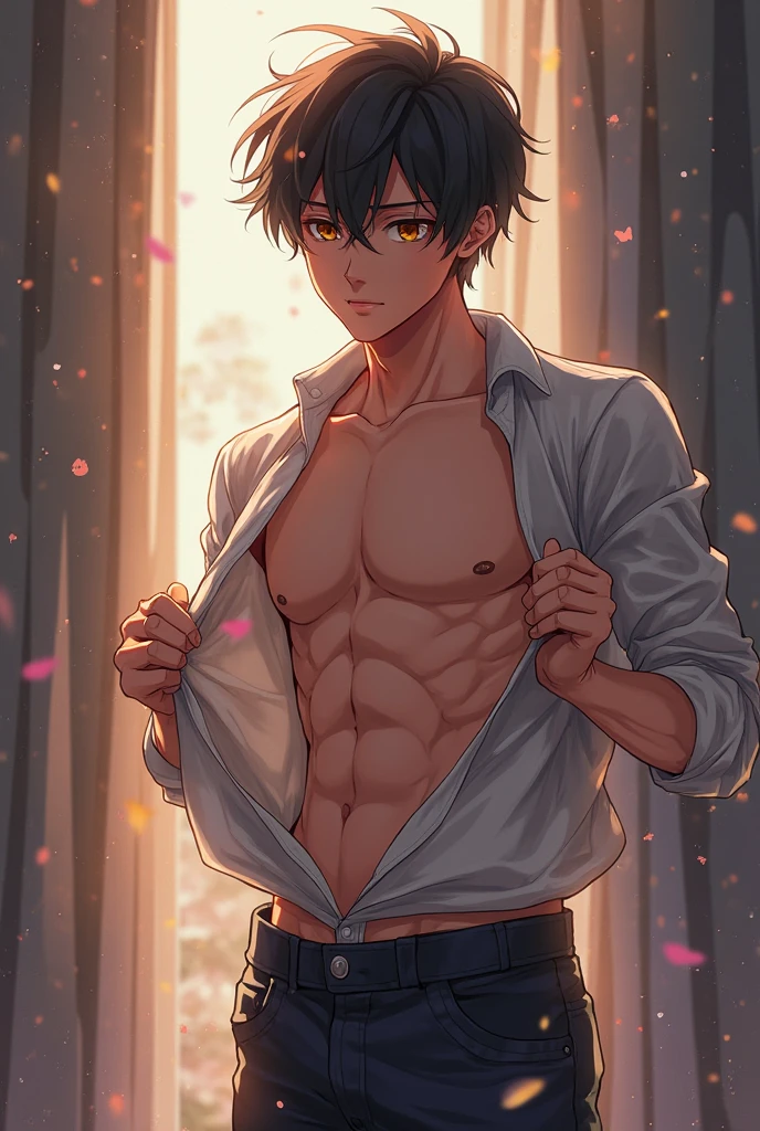 black hair, short hair, brown eyes, hair between eyes, ash ketchum, dark green shorts, light blue shirt open unabuttoned showing his chest and abdomen
