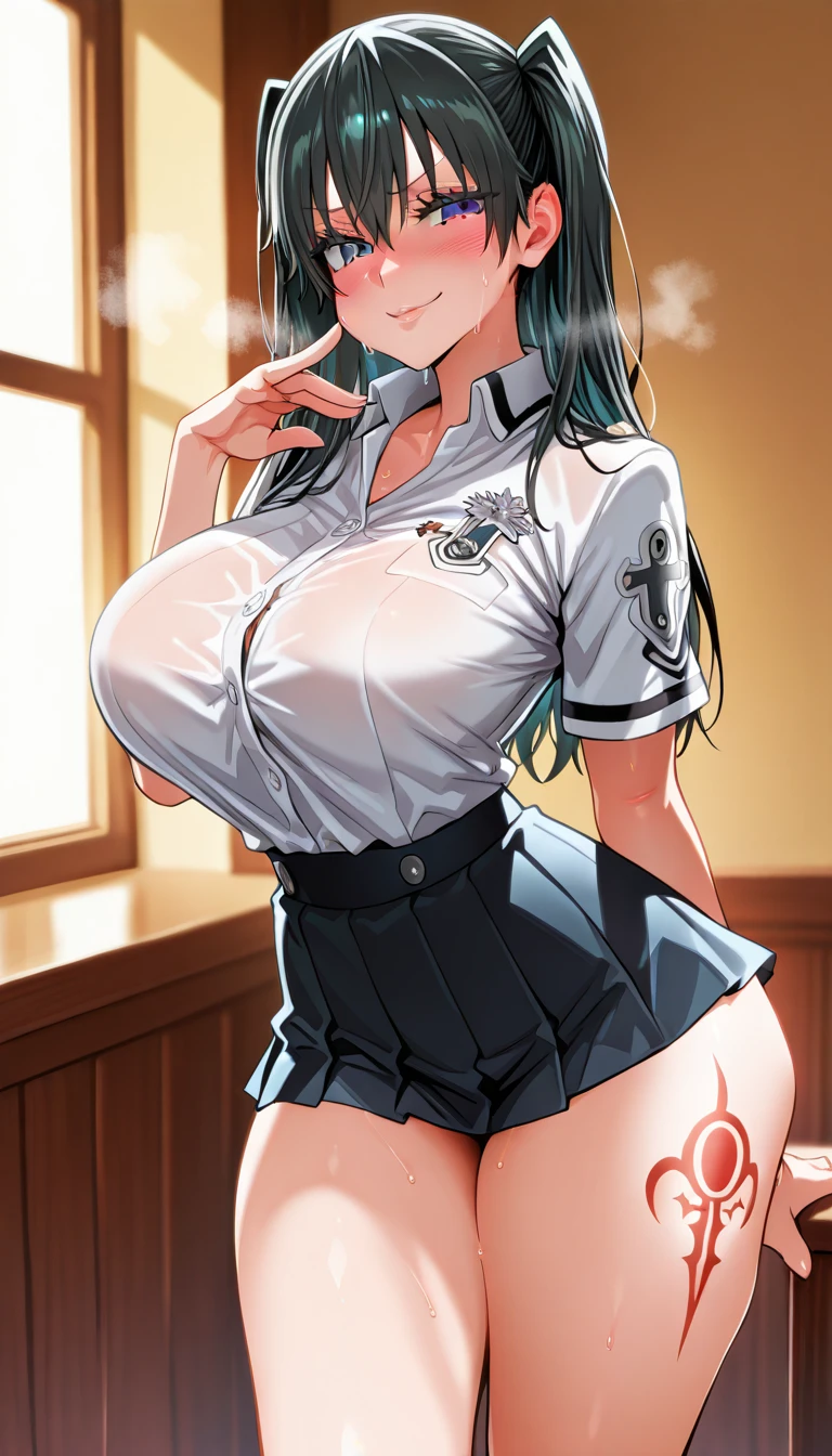 Taimanin Asagi、Asagi Igawa、Black Hair、Eyes are green、Long Hair、Huge breasts、uniform、smile、skirt、Tucked up、Panties