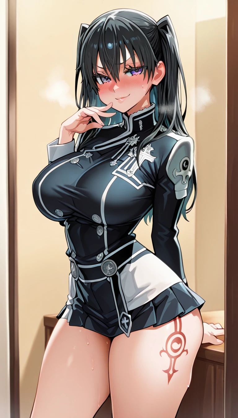 (high quality:1.1), intricate details, cinematic lighting, sharp focus, Annerose, 1girl, solo, standing, cowboy shot, looking at viewer, determined, very long hair, hair intakes, black hair, pointy ears, yellow eyes, lip gloss, (bodysuit:1.05), shiny clothes, large breasts, (covered nipples:1.1), sideboob, beautiful scenery background, character in center, anime screenshot