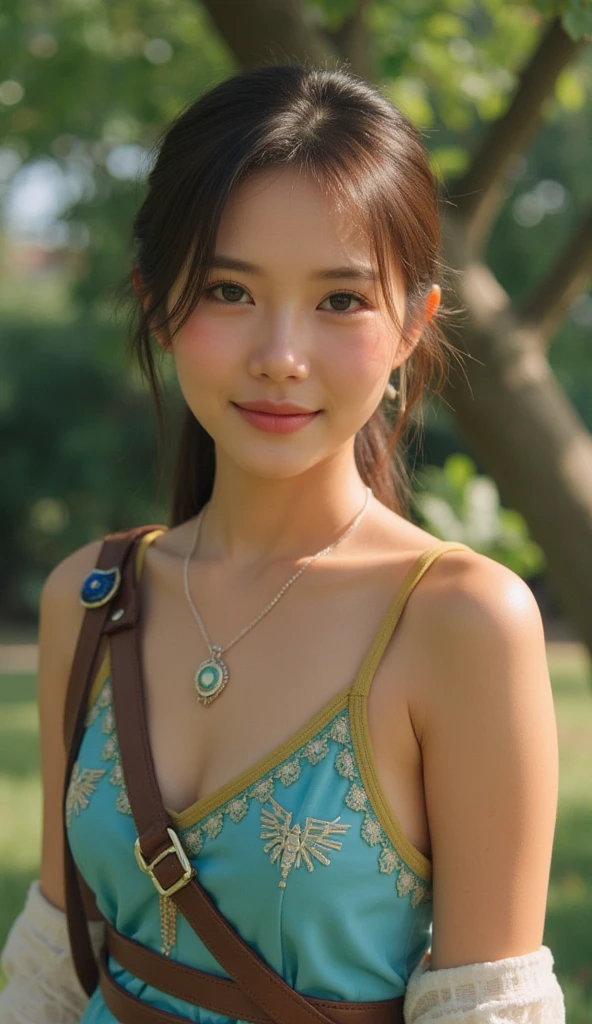 (Portrait of lovely woman in bright windy field, River background，watercourse, The fish jumps out of the water，(Backlight),detail， Practical,Upper Body，best quality, detail，Serious, In the shadows, bloom, [[Chromatic Aberration]，Natural skin texture，Look up，Wearing flowers on the head，Tie your hair up，Low-cut，Large Breasts，Deep groin，earrings，necklace，Smile，Transparent Indian Shirt，,Light Blue，Clothes embroidery)