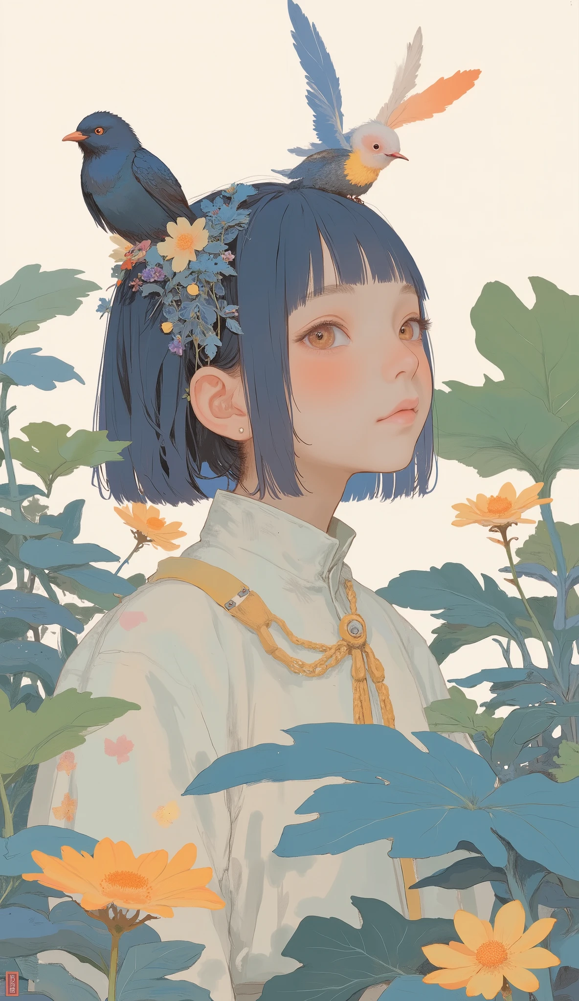 Picture of a boy with a bird on her head, Written by Lu Ji, Illustration of two children in a garden with large leaves, Inspired by Wang Ximeng , By Chen Jill, Feather head, There's a bird on her head, by Kim Tschang Yeul, Put a Crow on Your Shoulders, By Ye Shin, by Gao Cen, Yasui Sotaro