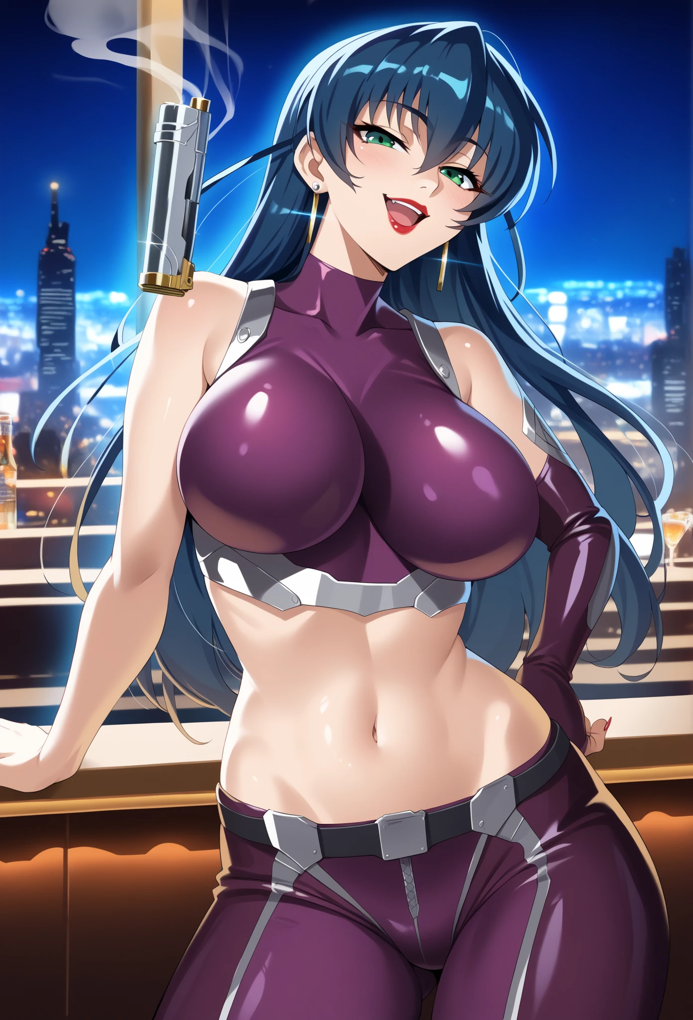 professional artwork, Intricate Details, field of view, sharp focus, detailed painting, photorealistic lighting, trending on pixiv, (masterpiece:1.0),(best_quality:1.0), ultra high res,4K,ultra-detailed, photography, 8K, HDR, highres, absurdres:1.2, Kodak portra 400, film grain, blurry background, bokeh:1.2, lens flare, (vibrant_color:1.2),
(Annerose:1), 1girl, female mature, (black hair:1.4), long hair, yellow eyes, large breasts, top bodysuit, shiny clothes, skin tight, hair intakes, covered breasts, pose invited, looking at viewer, sideboobs, happy, smirk, short pants,
simple plain white background, (solo:1.5),