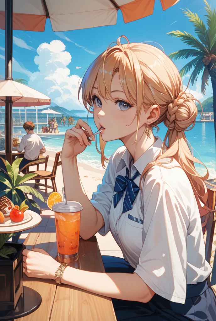 A cozy seaside café at sunset where a high school-aged girl sits on a wooden bench, sipping a cold drink through a straw. She is dressed modestly in a light, long-sleeved shirt and a casual skirt that reaches her knees. The gentle ocean breeze lightly tousles her hair as she enjoys her drink, with the warm, golden light of the setting sun filtering through the open windows. The beach and ocean are visible in the background, adding to the relaxed and peaceful vibe of the scene.