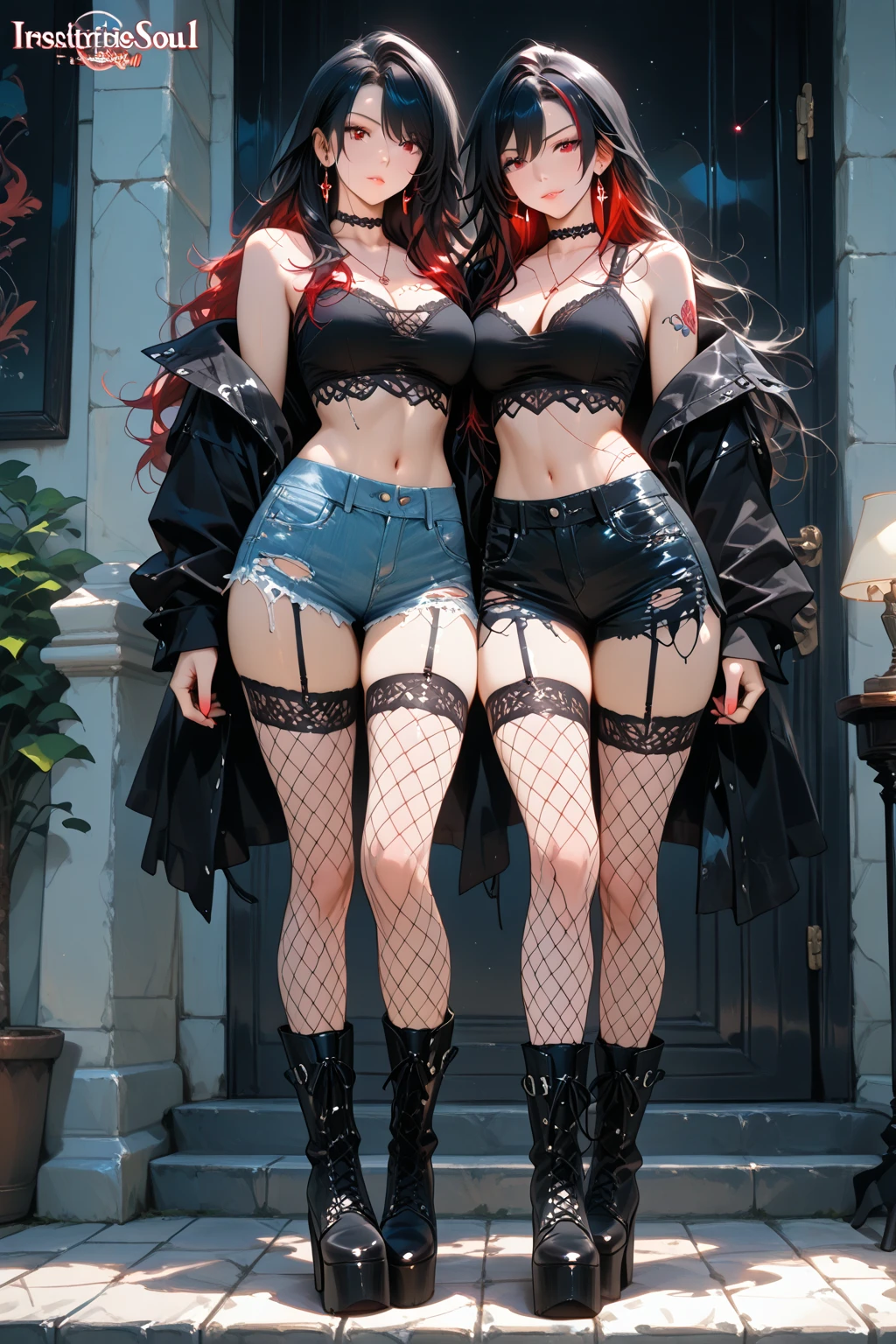 two punk witches tattoo two girls nudes gros seins gros cul abdos, ambraces, Long hair blonde and colours, beautiful, ultra sexy, shy, large breasts, voluptuous, thick ass, thin waist,lucy \(cyberpunk\), ripped pants, pussy, gaping pussy, ava adams actress, sexy pose, ((huge breasts, thick thighs, hourglass figure)), photorealistic,
