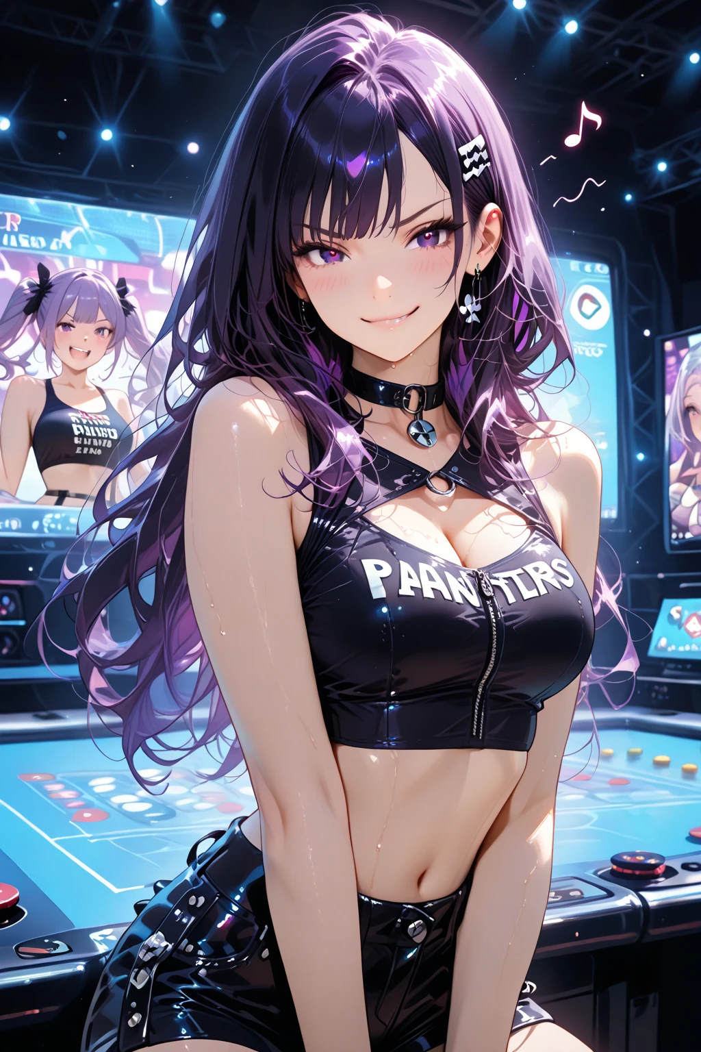 ((Masterpiece)), best quality, absurderes, ultra detailed, holographic, cowboy shot, golden ratio, super cute girl, mature girl, idol girl, super beautiful asian girl with very beautiful violet glowing eyes, beautiful glowing brown multicolored hair, high ponytail, nice and sexy body, slim body, perfect body, wearing a super tight anime printed leotard, an anime printed super tight off shoulder long sleeve crop top, a super aesthetic transparent mini jacket, beautiful hair ornament, pink jordan tennis, playing with her handsome otaku skinny boyfriend, with black messy glowing hair, in the arcade games