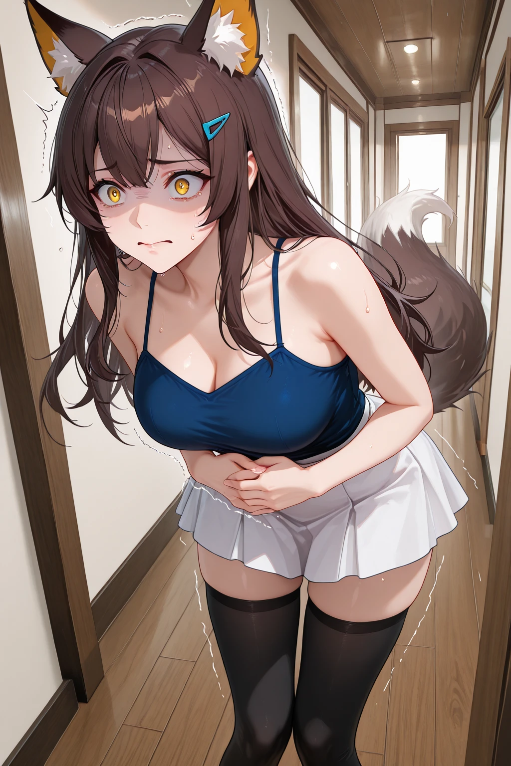 Anime , big busty enormous boobs size largest breasts and big ass curvy narrow pelvis sexy woman sitting in a cage at a slave market having wolf ears and tail and beautiful face wearing rags , worried sad having slave seals on stomach