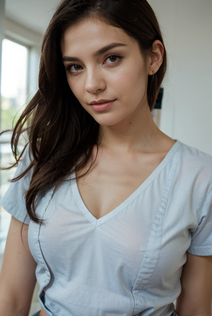 Full-length hyperrealistic photograph of a beautiful woman, 28 years old, athletic body, white shirt, very light black hair, ((light and bright brown eyes)), small earring in right ear, very long eyelashes, sensual lips, provocative and expression. big breasts,, looks direct to the camera