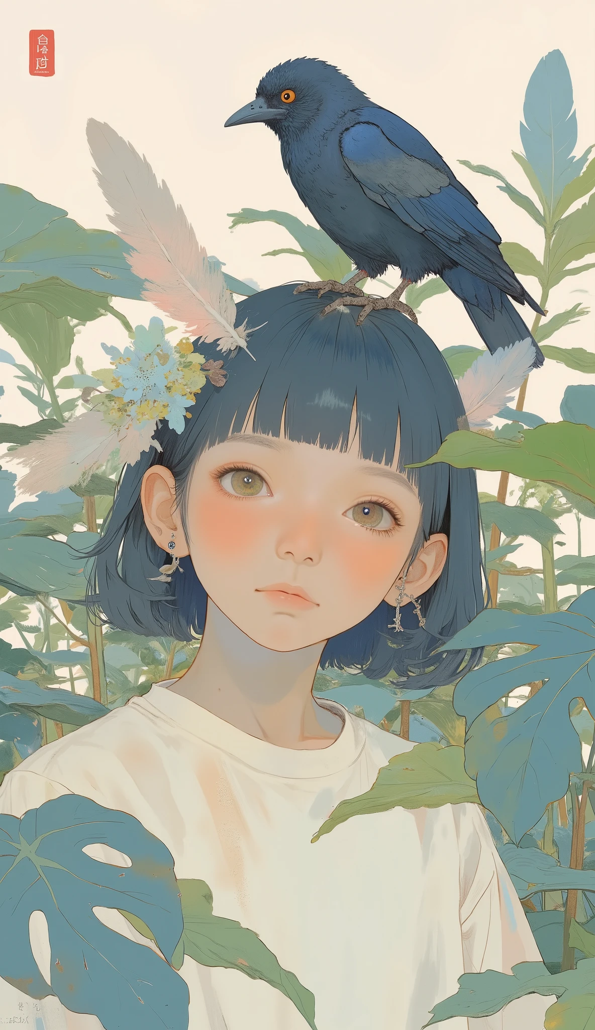 Picture of a boy with a bird on her head, Written by Lu Ji, Illustration of two children in a garden with large leaves, Inspired by Wang Ximeng , By Chen Jill, Feather head, There's a bird on her head, by Kim Tschang Yeul, Put a Crow on Your Shoulders, By Ye Shin, by Gao Cen, Yasui Sotaro