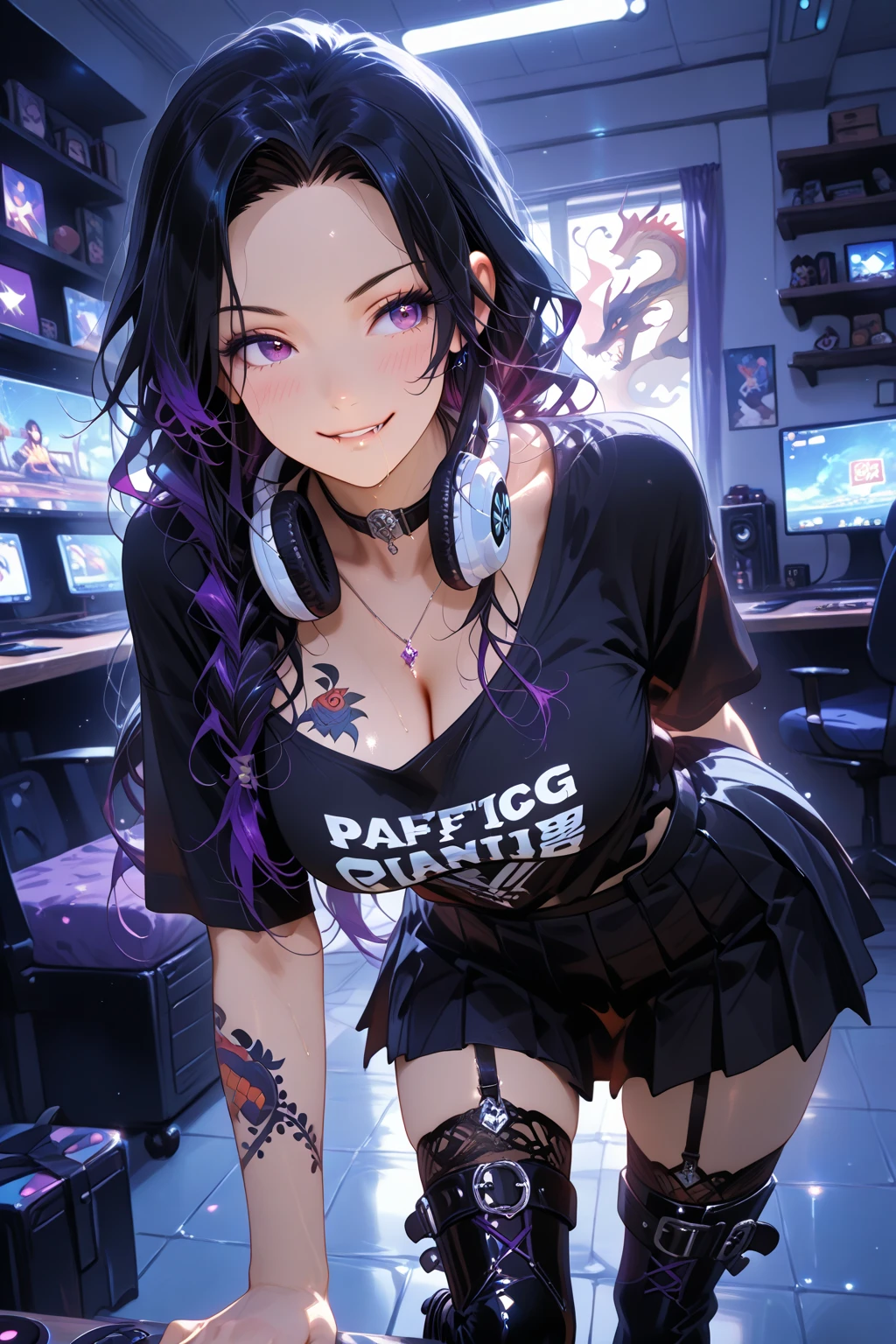 masterpiece, beautiful, 4K, detailed, Intricate details, underwear, Thick thighs, Wide hips, Large Breasts, Huge breasts, Tattoo, Tattoo, , Gothic, Purple long hair, Emo, Dark lipstick, blue eyes, collar, dog collar. Tattoo袖, Tattoo arms, fully Tattoo, Tattoo body, leggings, skintight leggings, shirt, t shirt, graphic t shirt, (((Full and soft breasts,)))(((Huge breasts))) (((Cleavage))), Dragon Arm Sleeves