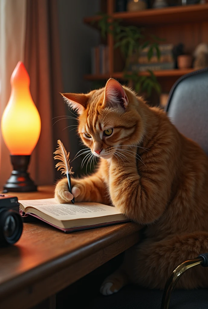 Orange cat is working on his book. He works at a desk in a cozy office room at home. He is dressed in home clothes, there is an atmospheric lava lamp on the desk. He writes with a goose feather, supporting his head with his hand. He is sitting on a chair with a bronze frame. The camera is at the side of the desk. Photo in the style of Lo-Fi girl