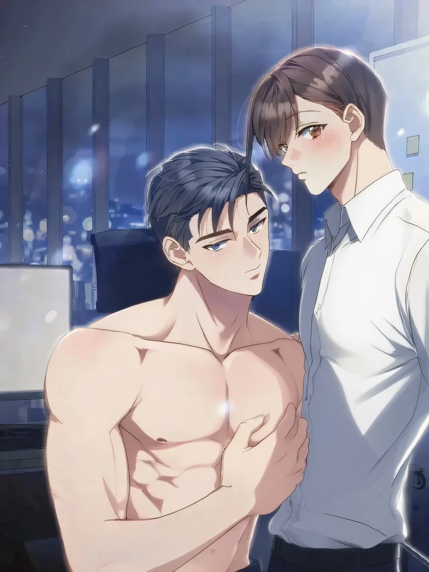 1boy, male, adult, muscular, very short black hair, brown eyes, tanned skin, police uniform, open shirt, open chest, unbuttoned pants, one hand shows biceps, satisfied grin, sexy,