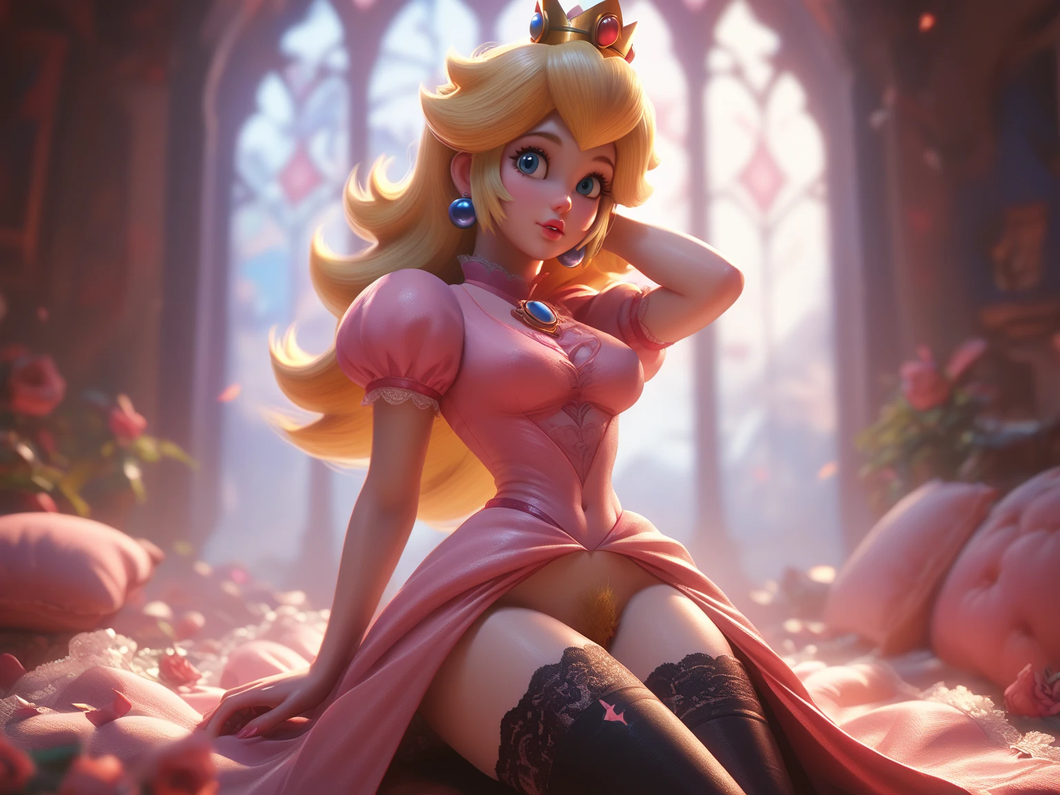princess peach, on the floor, corona, sad, pink dress, torn dress, chained by the feet, chained by the hands, shackle around his neck, in a dungeon, inside a castle, skirt lifted to show her buttocks, backwards, face down on the floor, sexy white panty, White thigh high stockings, garter belt in each stocking, hold the rose, hands on the floor, sideways.
