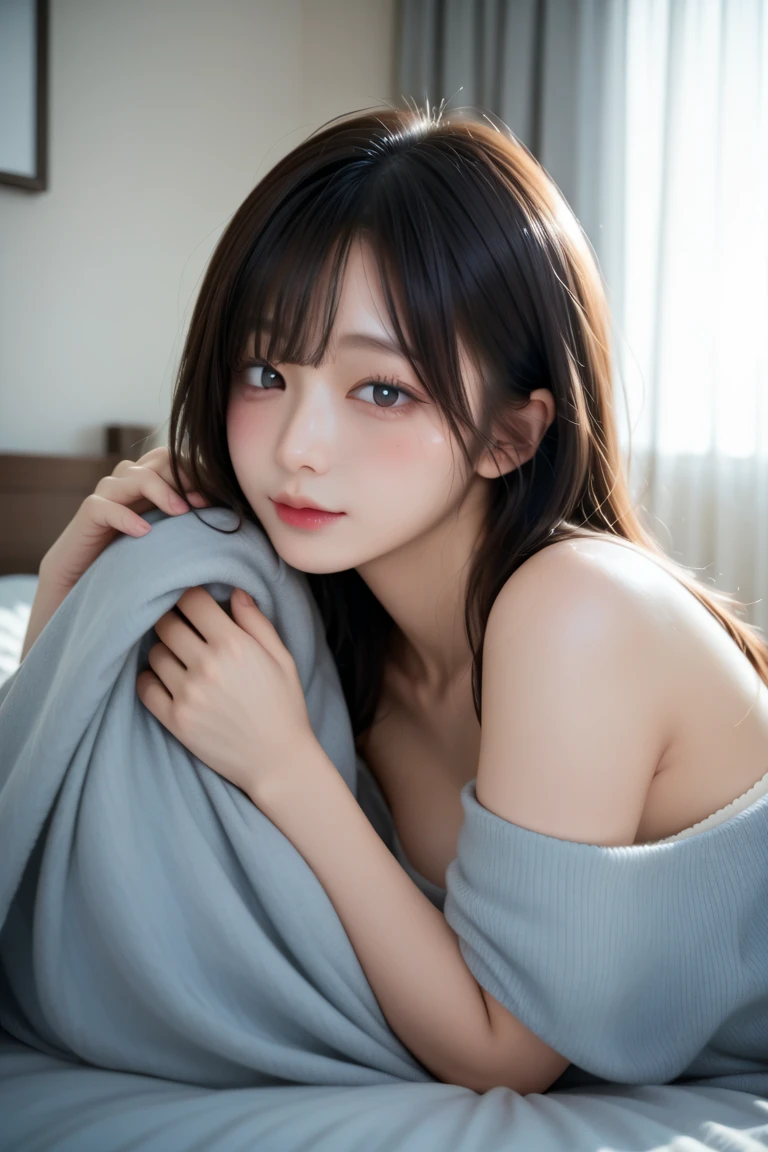 Tabletop, Highest quality, figure, Very detailed, In detail, High resolution, 8k wallpaper, Perfect dynamic composition, Beautiful attention to detail,Straight hair,small ,Natural color lip, Randomly sexy poses,smile,Shibuya Ward、20-year-old girl、cute、sexy shot looking at camera、Posing as a fashion gravure model、Hair blowing in the wind,Long-sleeved loungewear,Narrow Face,Slender body,RAW Photos,bed room(lie in bed),Selfie,Close-up of face,Background Blur,(1girl),cleavage,
