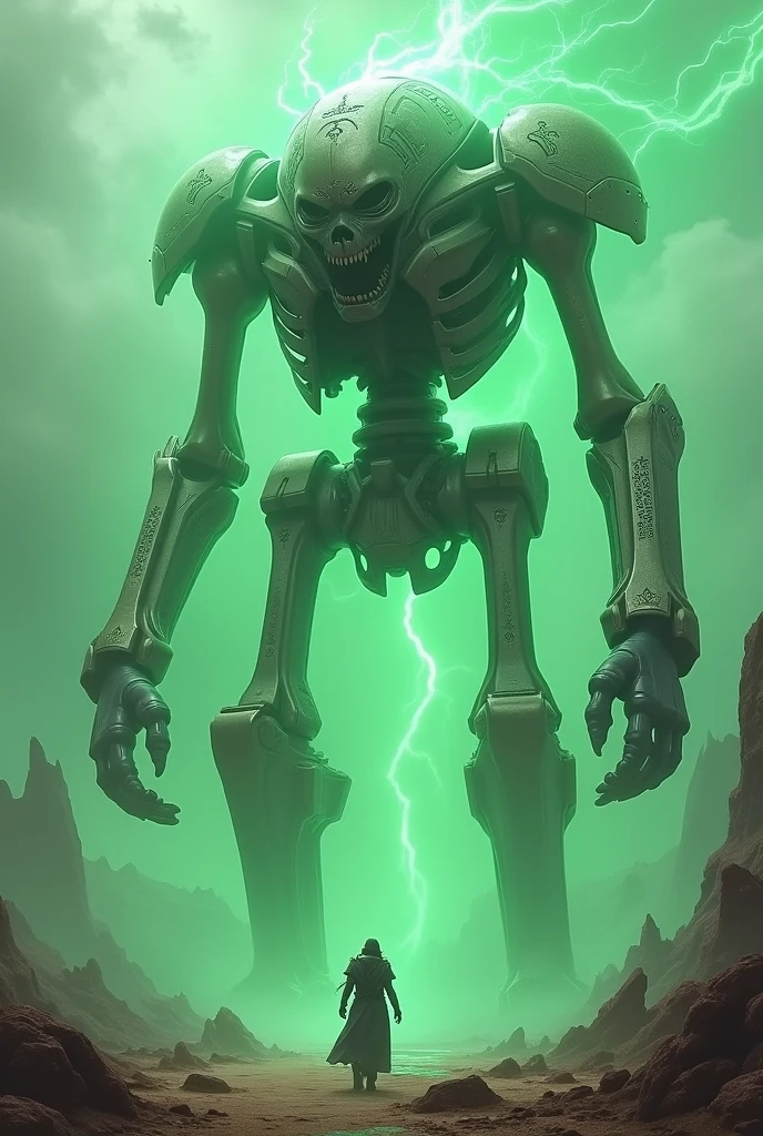score_9, score_8_up,score_7_up, source_ anime, partial color, traditional art, masterpiece, ultra high resolution, ultra-detailed, 4K, intricate detail, hyper-detailed, highlight and shadow, volumetric lighting, highly detailed background:1.2, epic background, (Skeleton warrior, green glowing eyes, sharp teeth), (sharp claws, horrific armor), (cloud, red sunlight), (purple green black colors), ((LZGH)),