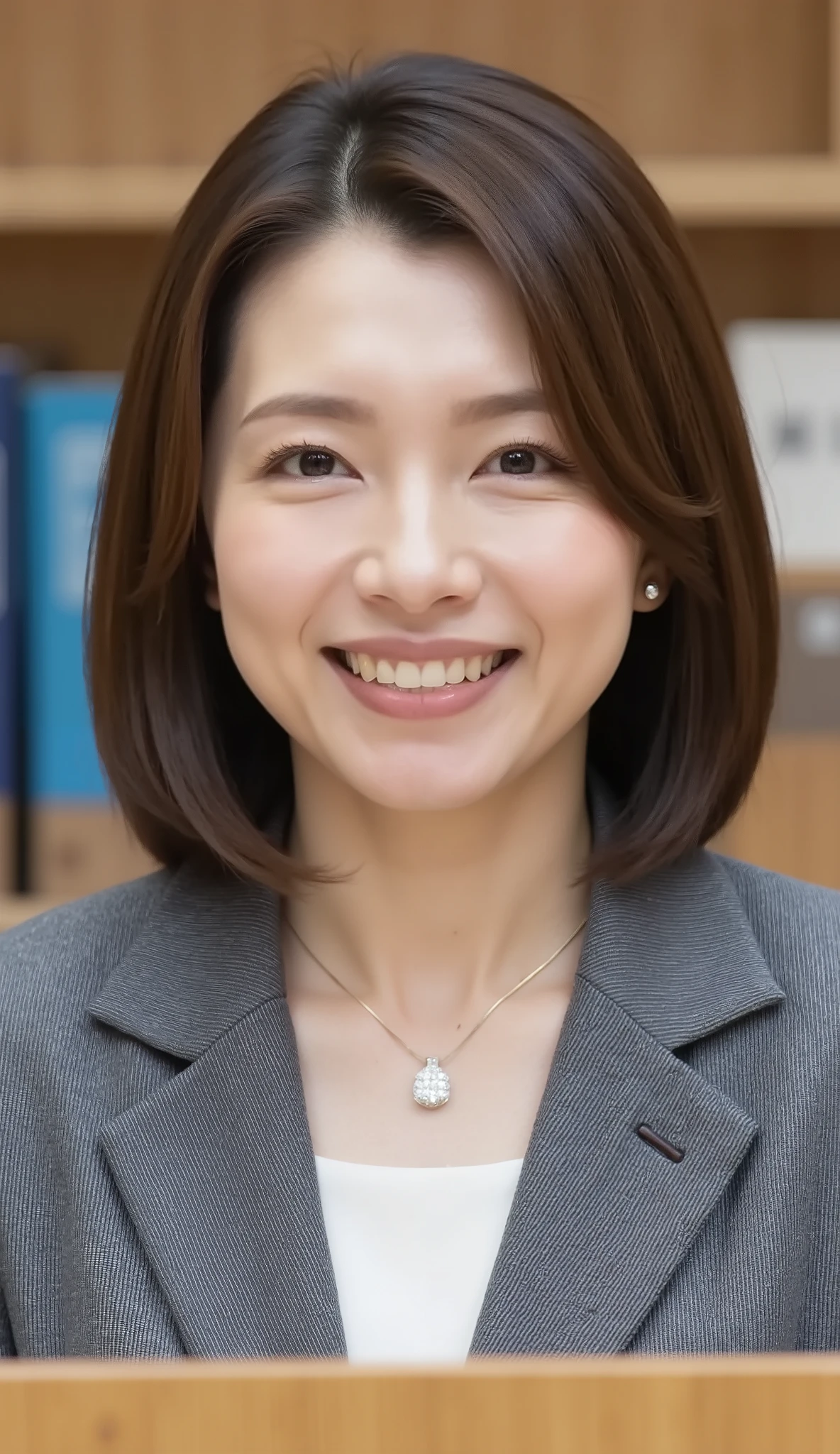 nsfw、From front、Japanese in a グレーcollarless suit、カメラ目線、25-year-old female minister、A-line bob(angled bob・inverted bob)耳にピアス、ネックレス、、during regular press conference、(bust up shot:1.5)、、歯を見せた笑顔