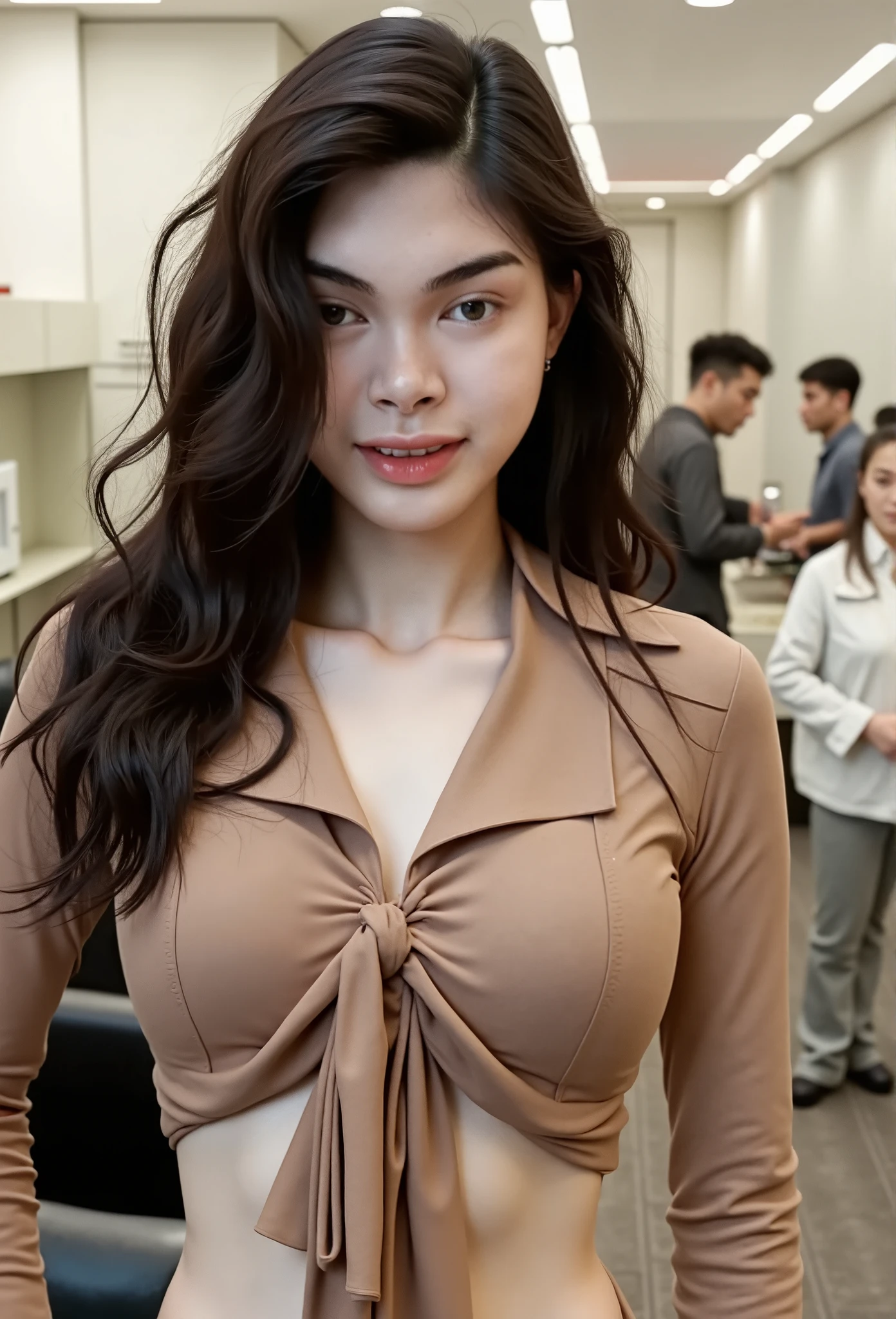 (cowboy shot:1.5),(thai Women),(super highponytail hair),forehead,(hotel lounge in the background:1.5),(sleeveless knit),(Detailed Background:2),(huge breast:1.4),darkskinned,(smile),(((top-quality,masutepiece,8K,Photorealsitic))),