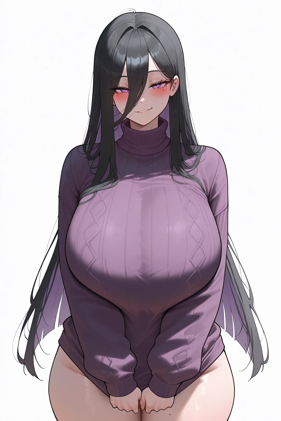 ((best quality)), ((masterpiece)), (detailed) (A Gothic looking girl with goth make up a very long striped sweater, only wearing a sweater Has thick thighs and big tits, very long, curly black hair and green eyes very pale skin color and Blushing and covered in freckles With a perverted look