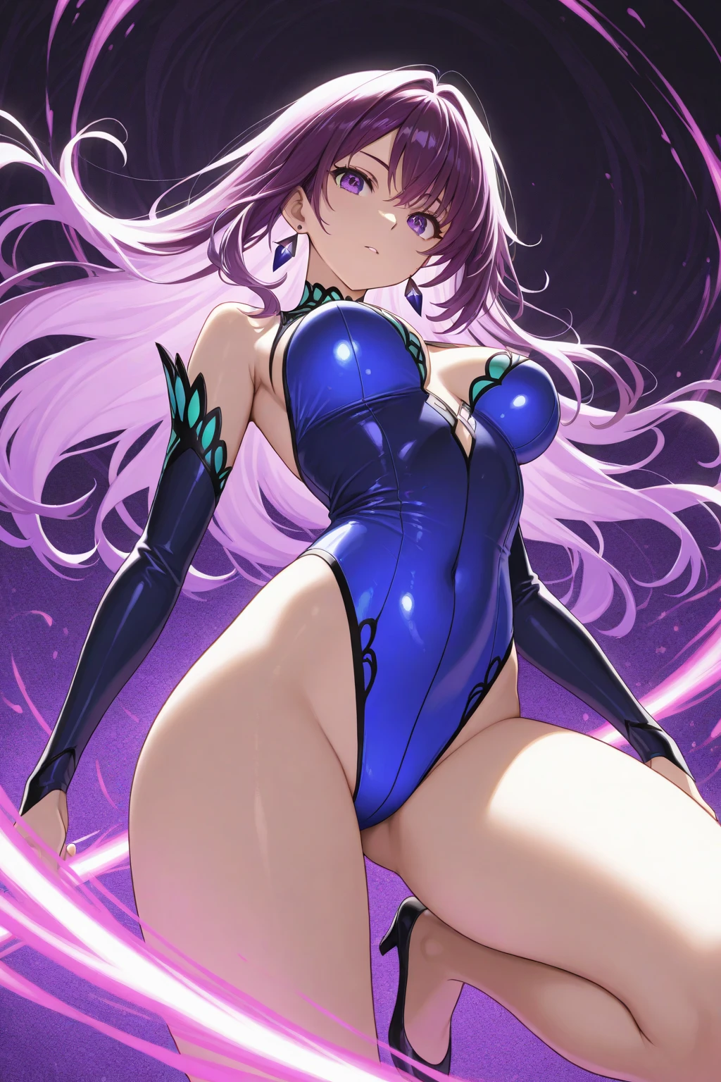 1 girl, superhero, junior high school girl, leotard, barefoot, knee high boots, gloves, shining body, the light that surrounds her body, particles of light, space background, Are standing, put your hands on your hips, cowboy shot, whole bodyショット, superpower, perfect anatomy, cowboy shot. long hair,
Blake is purple body suit, body suit, gloves, Black body suit, multicolored body suit,
Blake is looking at viewer, whole body,
Blake is (debris flies:1.2), highest quality, High resolution, unity 8k wallpaper, (shape:0.8), (beautiful and detailed eyes:1.6), highly detailed face, perfect sentence, Detailed CG, (perfect hands, perfect anatomy),
