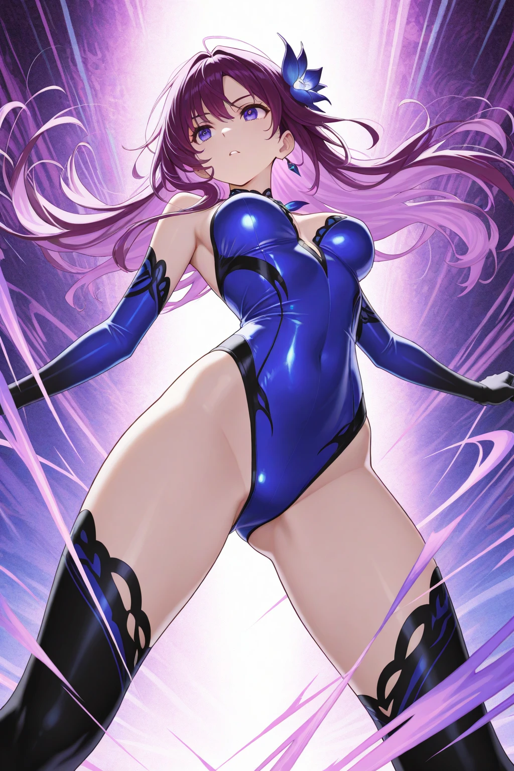 1girl,solo,cowboy shot,standing,(red brown hair:1.2),long hair,ahoge,hairs between eyes,curly hair,(brown eyes:1.2),(beautiful fingers:1.2),(perfect anatomy:1.4),(arms_behind_back:1.6),(cold_shoulder:1.2),(purple leather lace glossy silk lamé leotard:1.4),(latex luster shiny glossy metallic:1.6),(shiny_clothes:1.6),small breasts,masterpiece,best quality,(Ultra high definition eyes:1.2),8k,(Beautiful detailed eyes:1.2),(Fine and beautiful eyes:1.2),(pretty eyes:1.2),finely detail,extremely CG, absurdres,high resolution,illustration,Detailed and beautiful outlines,finely detail,high resolution,(colorful refraction:1.4,Increase saturation:1.2),beautiful lighting,dynamic lighting,closed room,black background,simple background, smile,looking at viewer,yoshida yuuko \(machikado mazoku\),shamiko,(horns:1.2),(white Clear PVC sheets sleeves:1.4),(sheer sleeves:1.4),(see-through sleeves:1.4),(wide sleeves:1.2),(purple thigh boots:1.2)