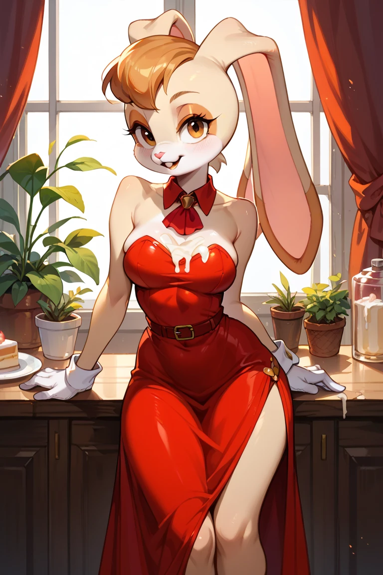 (masterpiece, best quality:1.2), 1girl, solo, blush, loving, (smile:0.8), (lopunny:1.1), furry, furry female, body fur, (black sclera:1.05), red eyes, rabbit ears, wrist cuffs, breasts, cozy cafe, sipping tea, floral dress, content, dripping, sweat, pussy juice
