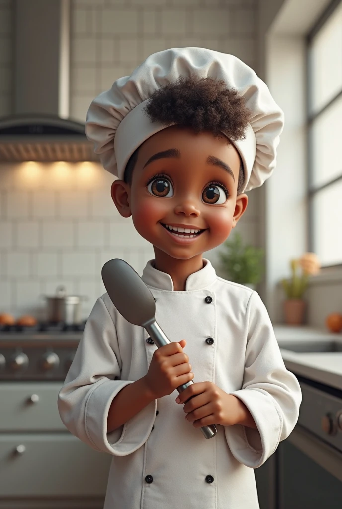 guttonerdvision3, Portrait of a 3-year-old boy in cook's outfit, red apron, kitchen chef's hat, half-body, looking at the viewer, smiling, chibi style, kitchen setting, blurred background, depth of field, detailed, cartoon, drawing with strokes by designer alex ross, unreal engine, 8k