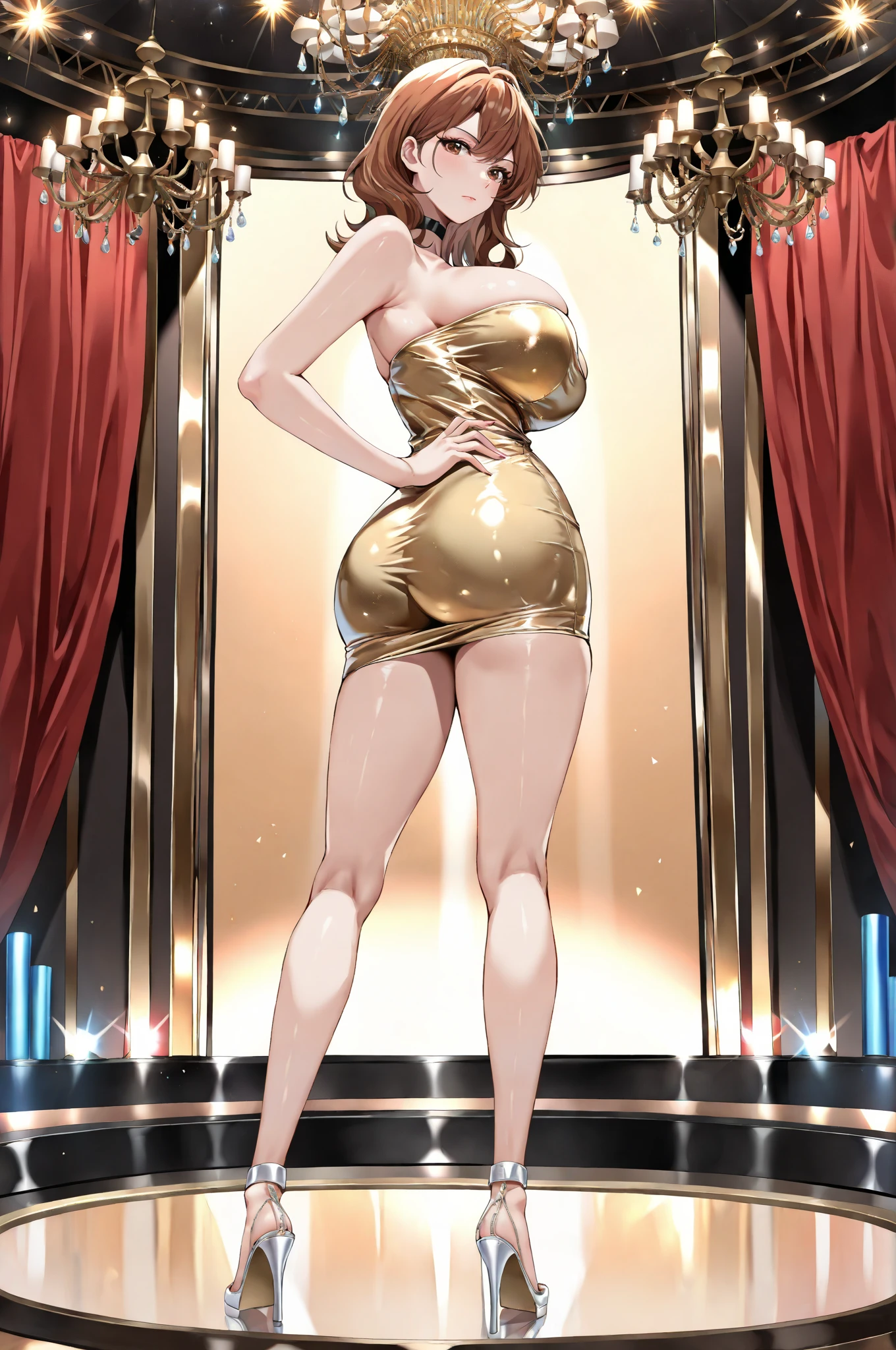 

detailed illustration, dynamic angle, ultra-detailed, illustration, 1girl, 30 year old, milf, form hugging black dress, thick thighs, wavy brown hair, grey in hair, long hair, big eyes, bright brown eyes, deep cleavage, massive sagging breasts, walking around a black fancy party, smiling, naïve, blushing, horny, happy, joy, delight, wide child bearing hips,
