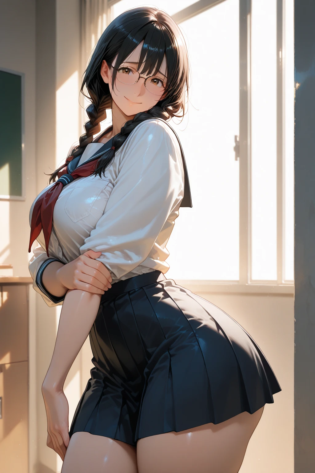 a cartoon image of a woman with a big ass in a skirt, oppai, (sfw) safe for work, beautiful anime girl squatting, bottom angle, lit from behind, hyperrealistic , bending over, teasing smile, bottom shot, ecchi, seductive anime girl, the anime girl is crouching, realistic , a hyperrealistic