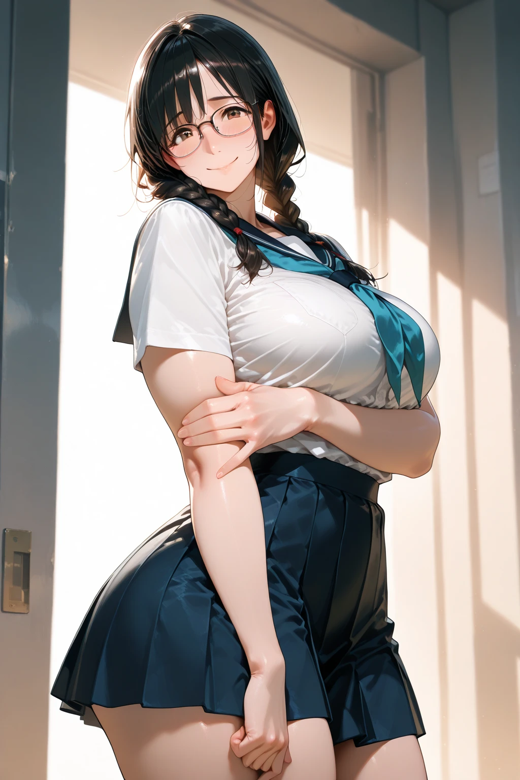 ((masterpiece, Highest quality, Super detailed, Very nice 8K CG wallpaper)), ((とてもとても短い白いシルクのミニスカートをはいたvery cute女性.))(Highest qualityの超高解像度, Tabletop, Highest quality, 8K, Super detailed, Highest quality:1.3), (Anatomically correct:1.2), (1 female elementary school teacher:1.6), (Large Breasts:1.1), (Droopy eyes:1.3), (Teak cheek, blush body:1.3), (Wavy Hair, Braid:1.2), (Long Hair:1.2), (Black Hair:1.2), (Glasses:1.3), (White blouse, Pencil Skirt:1.7), (classroom:1.1), Front view, very cute, (extremely detailed Beautiful Face), Real skin texture, Beautiful Hair, Beautiful Face, Beautiful Eyes, Beautiful body, Beautiful Hands, (Dressed:1.6), (Excited, Mischievous face, Captivating smile:1.6), (Hair above the eyes:1.5), (Look down:1.3), (Face Focus:1.6), Ass Focus, (From behind:1.6), (Are standing:1.2), (Leaning forward:1.3), (Place hands on knees:1.3)nsfw,(((Pantylines)))