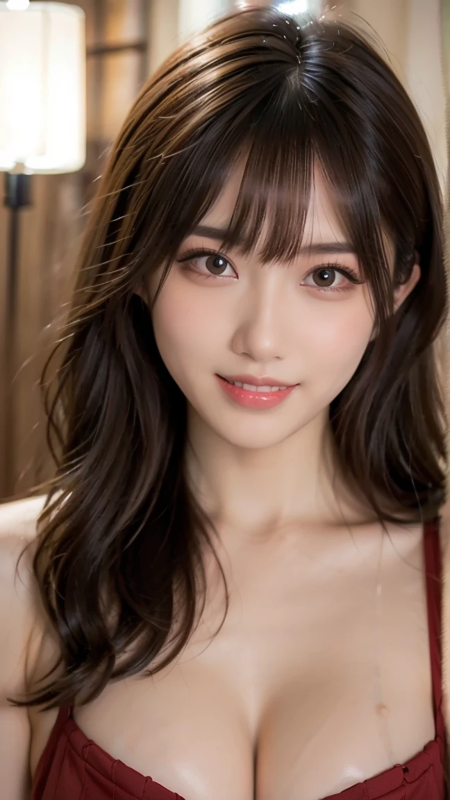 ((masterpiece: 1.4, best quality))+,(ultra detail)+, official art, unity 8k wallpaper, ultra detail, beautiful, high quality, Highlight your cute face,  masterpiece, best quality, semi straight medium length hair, (brown eyes, brown hair), bust, looking straight ahead, laugh, lace lingerie model, (bust:1.3)
