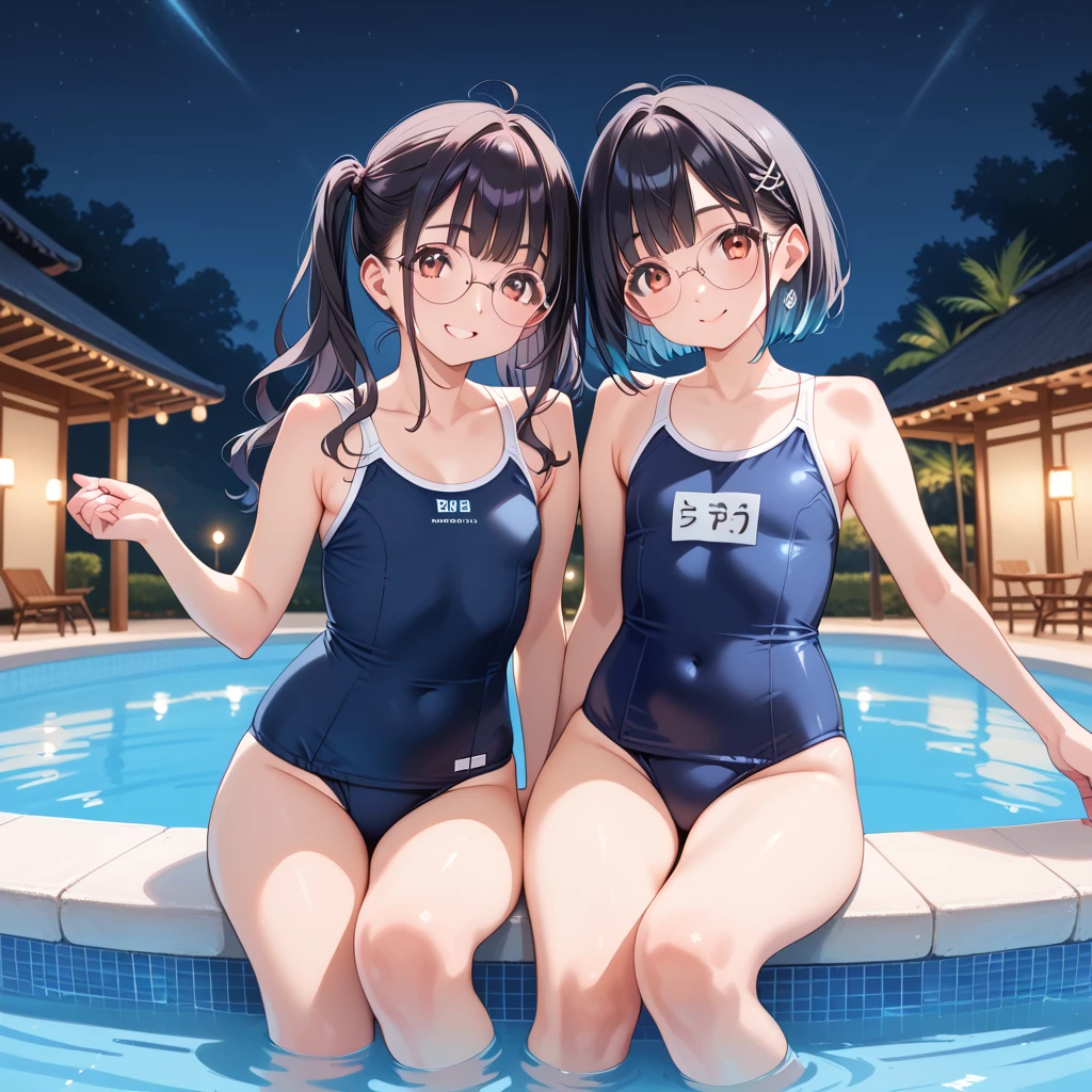 (masterpiece), pool, one-piece swimsuit, wet, light particles, 2girls, short hair, blush