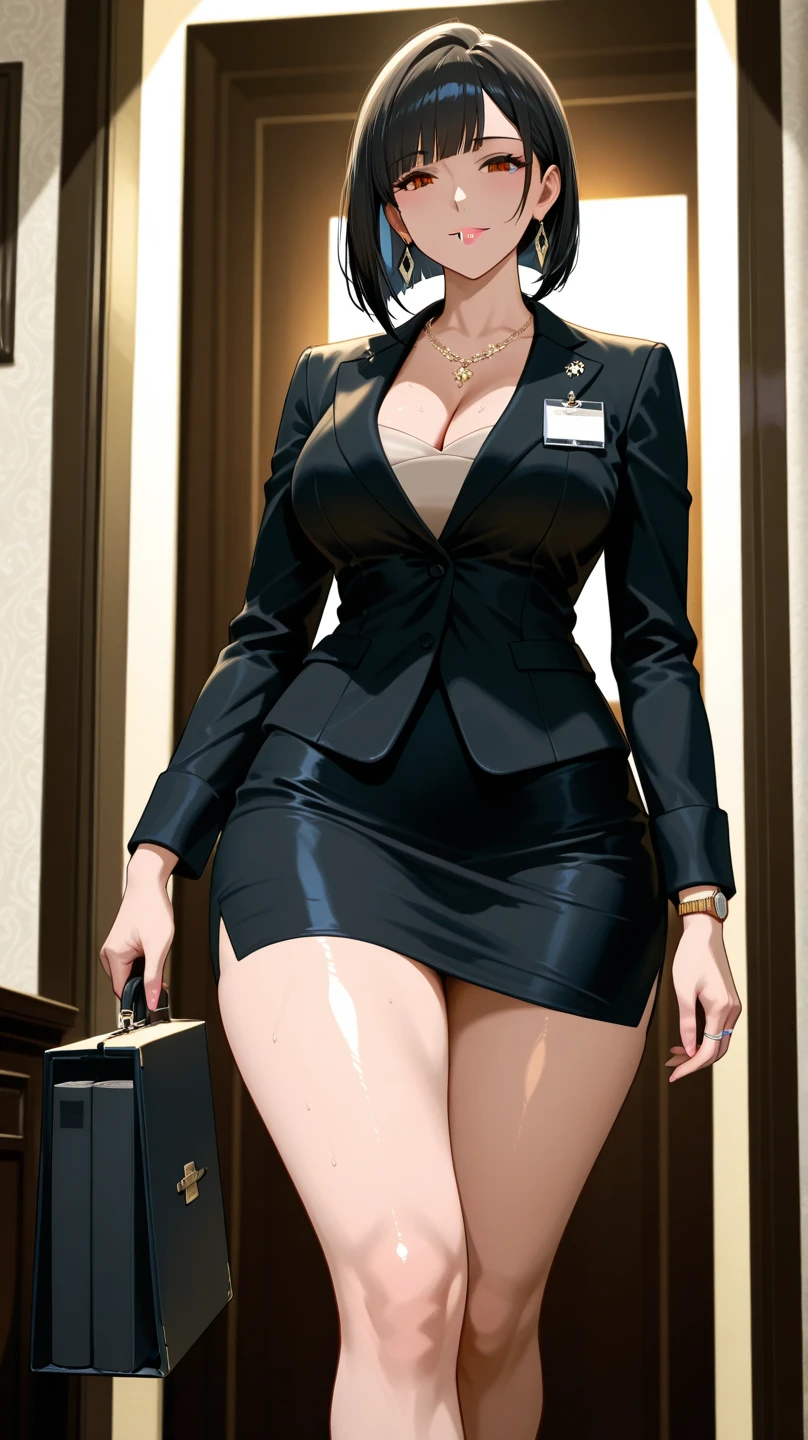 gorgeous woman, full body shot, assassin, office background, atompunk