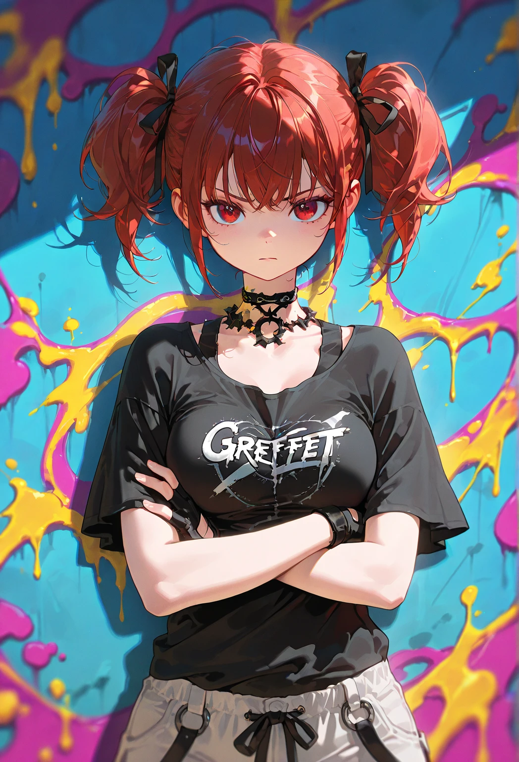 masterpiece, best quality, <lora:HecatiaLapislazuli:1>,<lora:helltaker-c2:1>,1girl, solo, polos crown, red hair, chain, panties around one leg, underwear, red eyes, panties, breasts, tears, collar, open mouth, earth (ornament), earth (planet), planet, blush, moon (ornament), nipples, small breasts, shirt, moon, arms up, convenient censoring, navel, skirt, bottomless, clothes writing, shirt lift, clothes lift, fangs, t-shirt