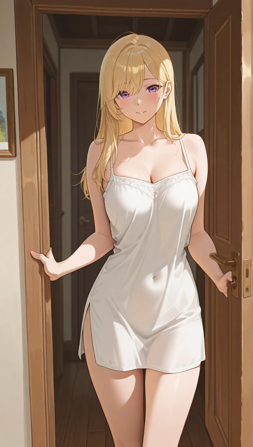 Mujer, pelo rubio, mujer rubia, ojos amarillos, amber eyes, ojos claros, pelo claro, pelo lacio, labios rojos, vestido blanco, Semi-transparent nightgown, pecho grande, cuerpo medio, fondo simple, collar dorado, maquillaje natural, mirada arrogante, sonrisa arrogante, mujer adulta, pecho grande
