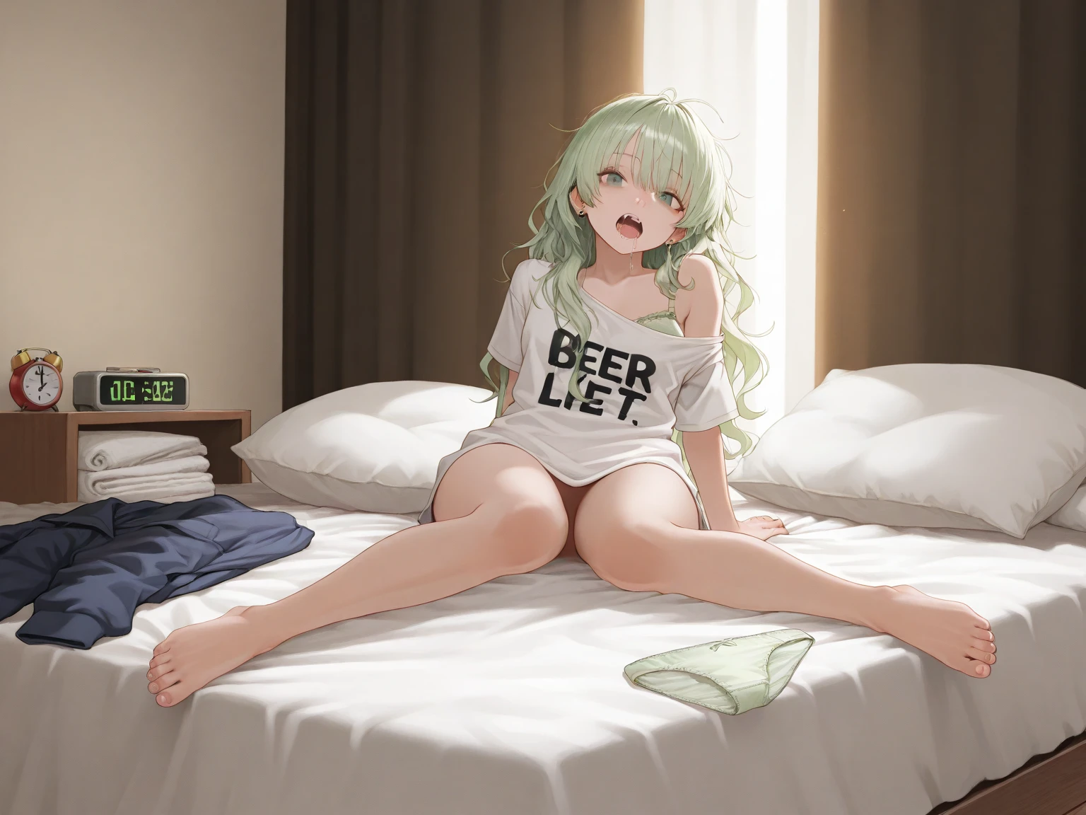 manga cover, with title, with a 19 year old girl, with green and curly hair, greeneyes, fly away, wearing black shirt, gray short shorts, thigh-high striped socks, smiling, breasts big.