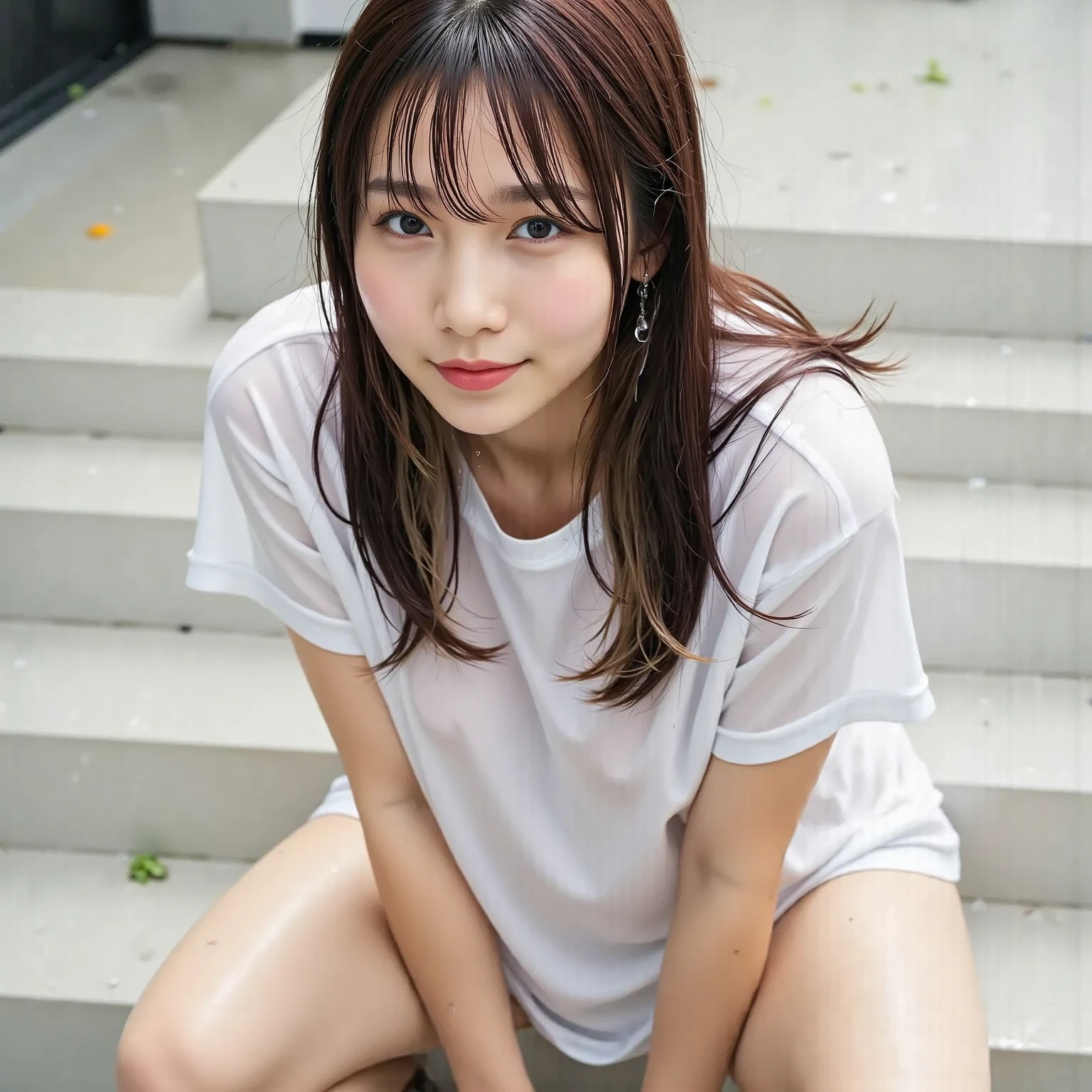 realistically, 1 girl, longhair, brown eyes, glowing eyes, Blush, daytime, sun light, Wet, Seethrough, white short skirt, Sit on your knees., crotch, nipples, sleeveless shirt, pussy, armpit, Naked, legs apart,