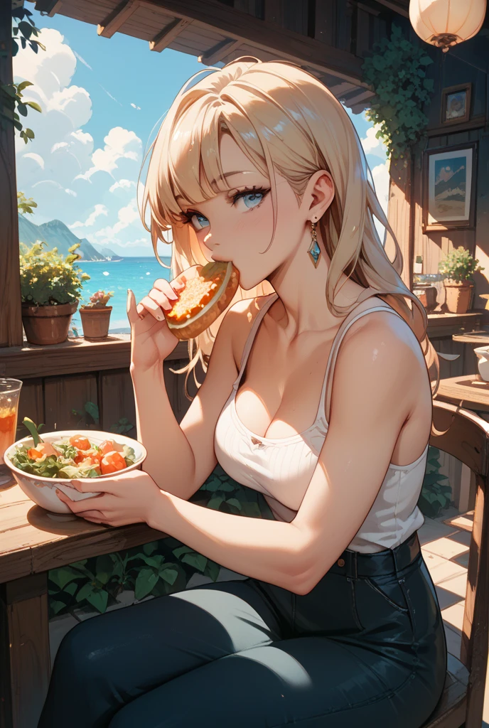 A poor blonde foreign wife slurping on instant noodles in a messy trash house