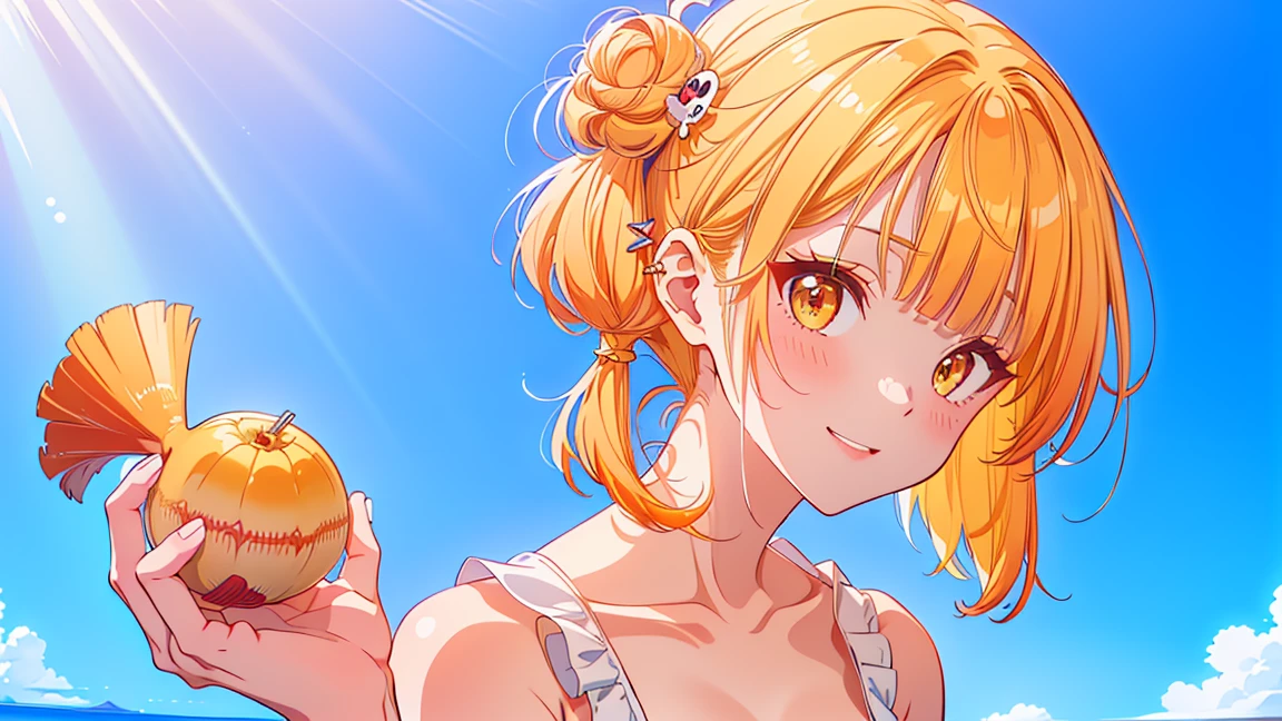 (Young AS-Young V2:1.2),blue eyes,light smile,(white rough outline:1.2),Bare shoulders,long hair,twintails,yellow hair,big breasts,smile,pink hair,hair over one eye,hair tie,medium hair with long locks,low tied,low ponytail,flat chest,bare shoulders,blush,light smile,closed mouth,