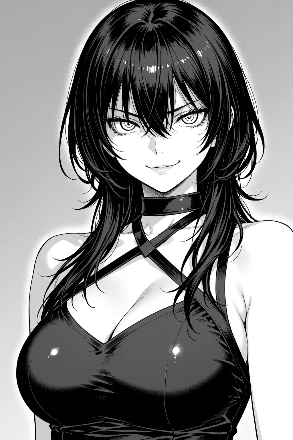 Best Quality, (Background Details), High Contrast, Very Beautiful Woman, Detailed Original Illustration, Functional, Ninja, Ninja Costume, Black Hair, Delicate Face, Charm, Bad Girl, Sexy, Real Breasts, Crazy Smile, Crazy Eyes, Black Background, (Black Background: 1.4) B&W, B&W Picture