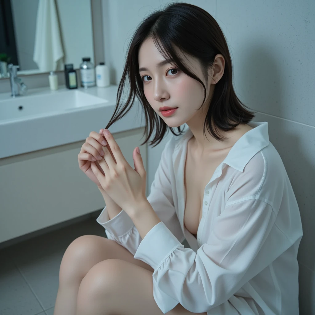 ((top quality, 8k, masterpiece: 1.3, raw photo)), Sharp Focus: 1.2, (1 aespa girl: 1.2), (Realistic, Photorealistic: 1.37), (face focus: 1.1), cute face, ultra detailed face, small breasts, flat chest, short messy hair, (White button up long shirt :1.1), sitting bathroom, from below, sunlight, movie lighting,