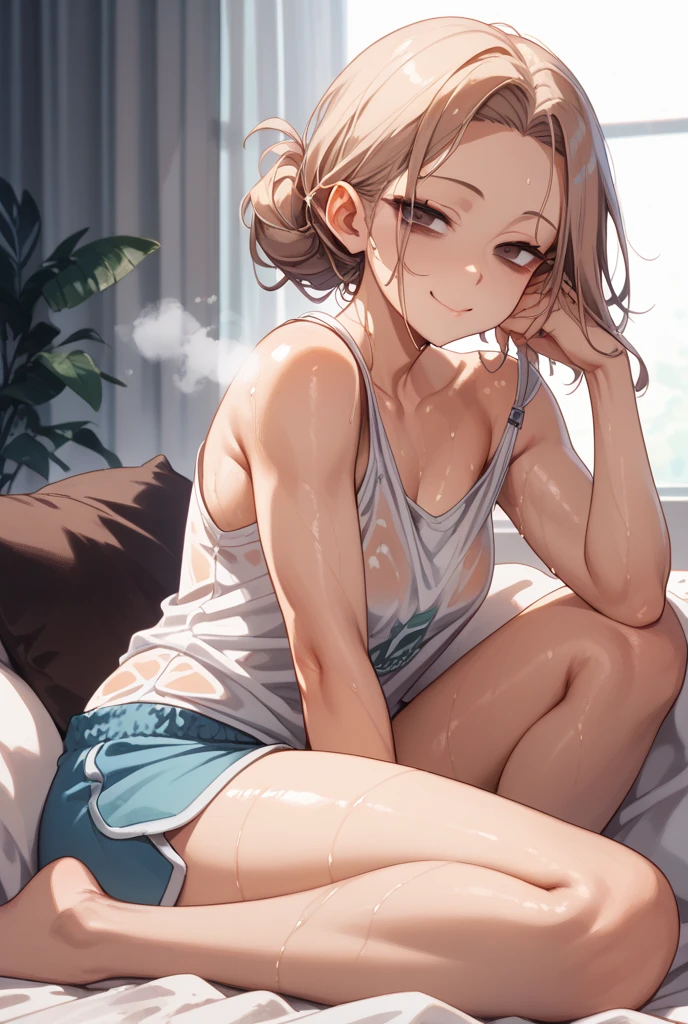 ((masterpiece,Highest quality:1.3,best quality illustration)),((realistic:1.2)),cowboy shot,独奏,1woman,18 year old beauty、black hair,short bob hair,(center parted bangs),black eyes,(gorgeous big eyes),((very small head:1.4)),Heavy breathing,crying,((slender body:1.2,skinny)),(tan skin:1.4),small breasts,(White tank top、school gym red buruma),peeing,gleaming skin,oily skin,slender body,sweat,squatting,locker room、Tokyo、