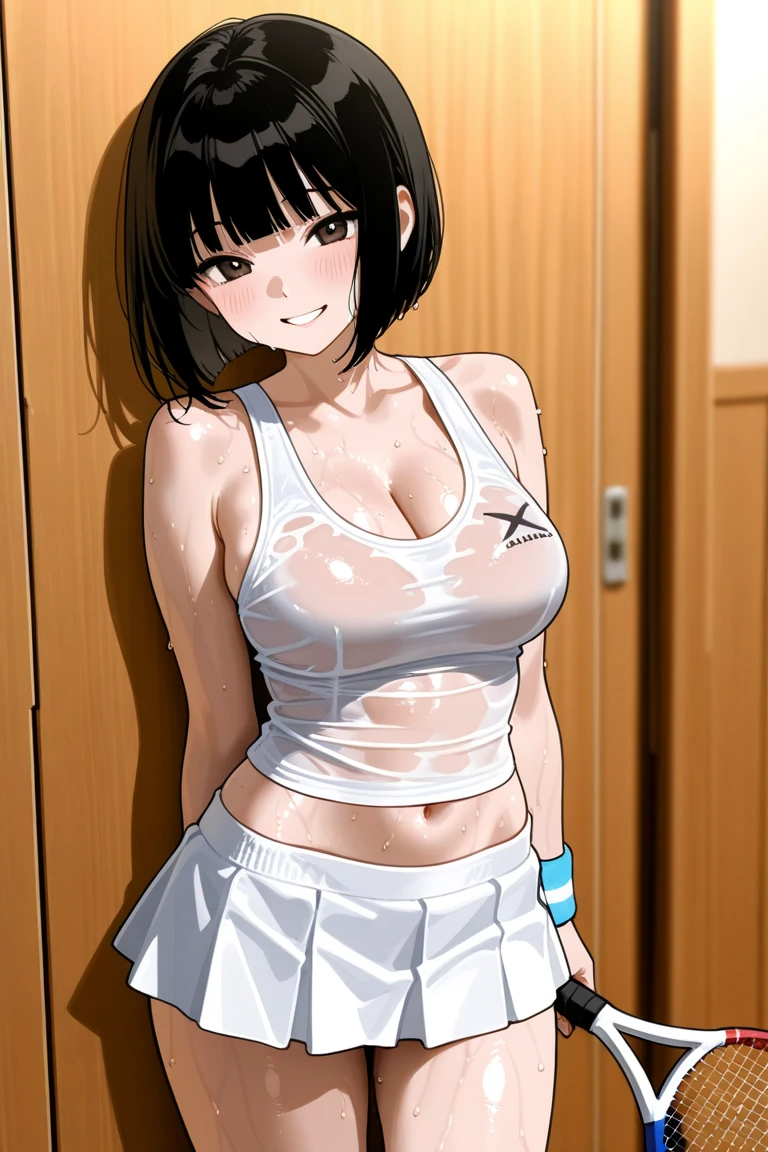 Adult Female, alone, very short hair, buzzed sides, Pixie cut hairstyle, black hair with thin red highlight, orange irises, mature, medium breasts, toned body, well defined abs, bathroom, panicked, tomboyish, white sports bra, thin compression shorts, thunder thighs, bulge in pants, no nudity, no exposed body, high detailed, high quality, best quality, perfect irises, perfect hands, perfect fingers, perfect eyes