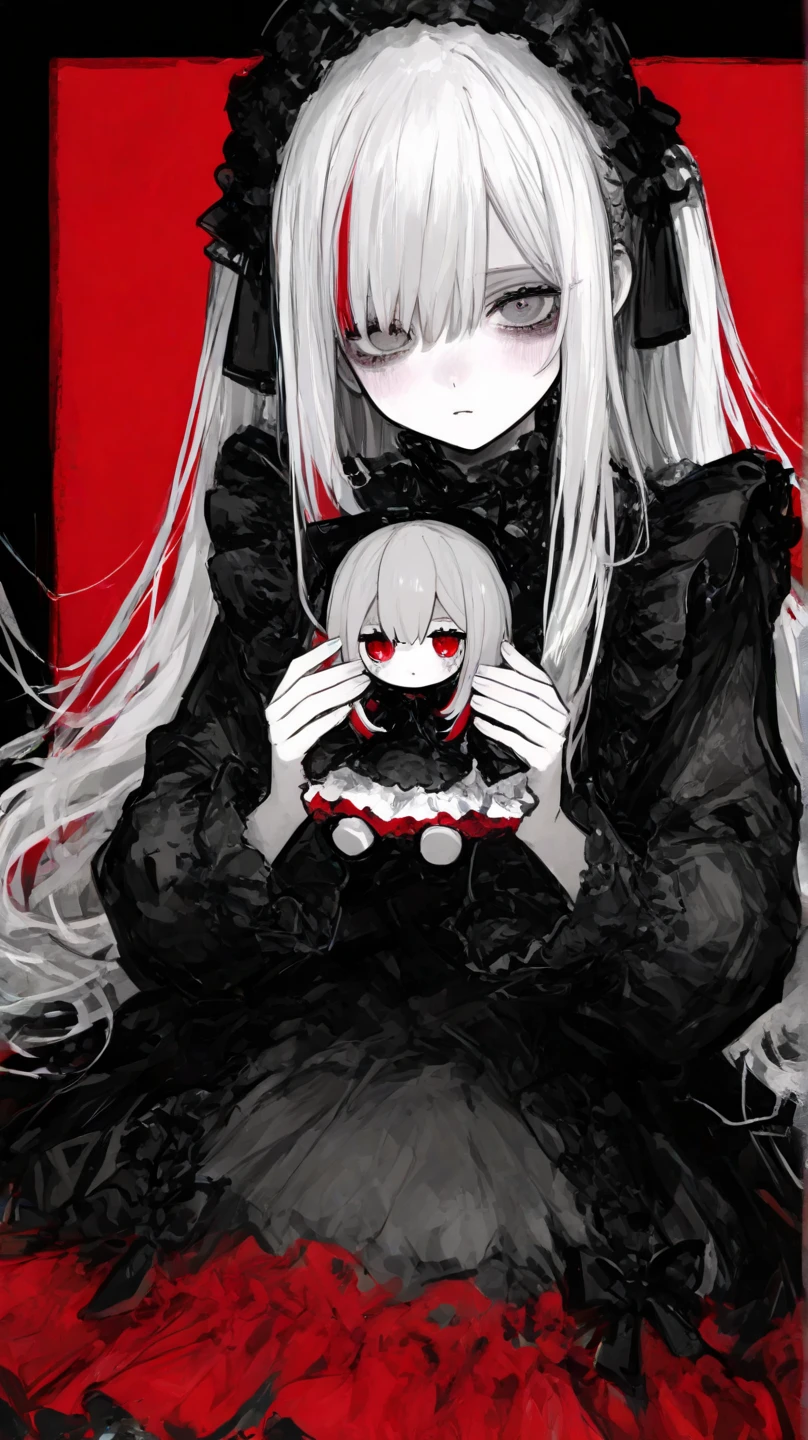 masterpiece, 1 girl, upper body, looks at the viewer, two paintings, in doors, red eyes, blood, baby blue hair, chains , many details