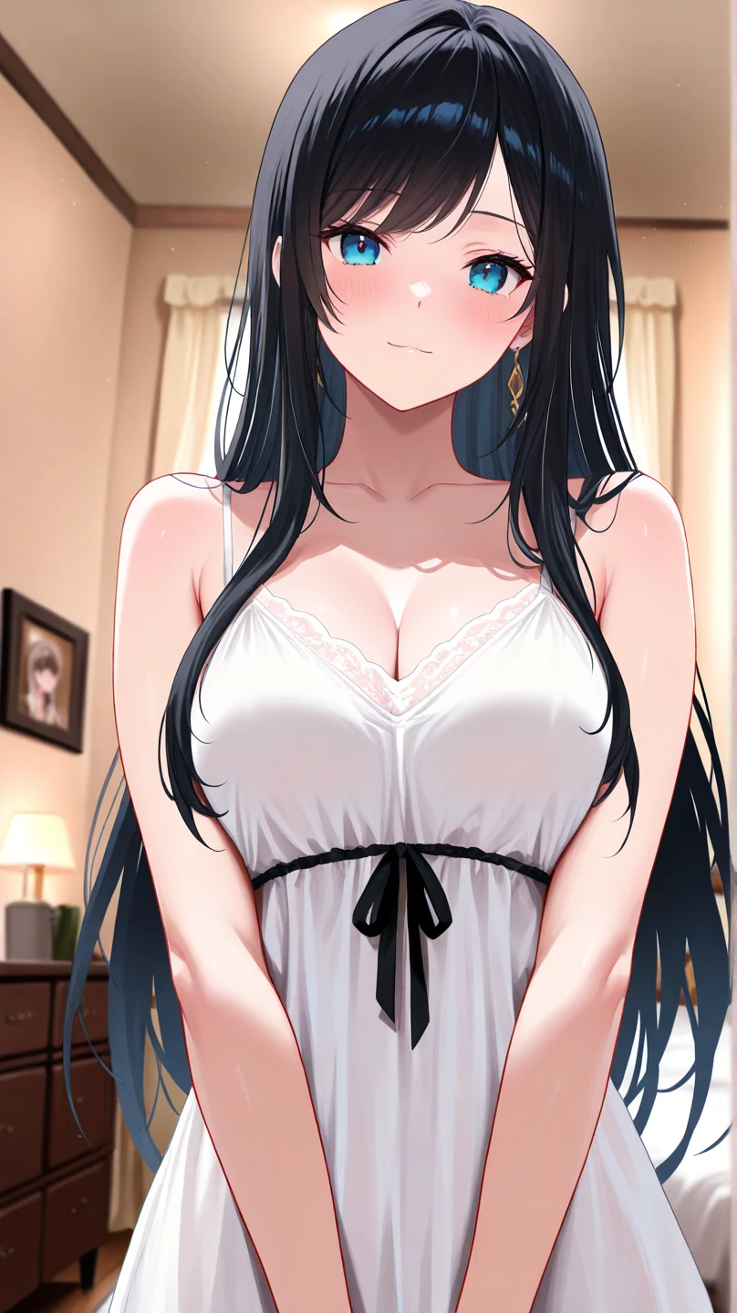 ((masterpiece, best quality, highres, UHD, perfect pixel)), Sakurajima mai, long hair, bangs, black hair, ((blue eyes:1.2, beautiful eyes, detailed eyes, extremely detailed eyes)), ((smooth texture:0.8, realistic texture:0.8)), medium breasts, indoor, bedroom, dynamic pose, busty, perfect body, ((close up, POV)), blushing, ((cleavage:1.2)), ((black dress, nightgown)), natural light